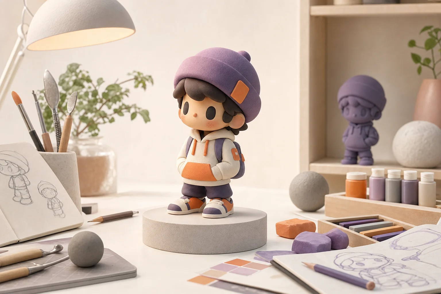 Débutant découvrant une collection de designer toys et figurines 3D personnalisées sur une étagère