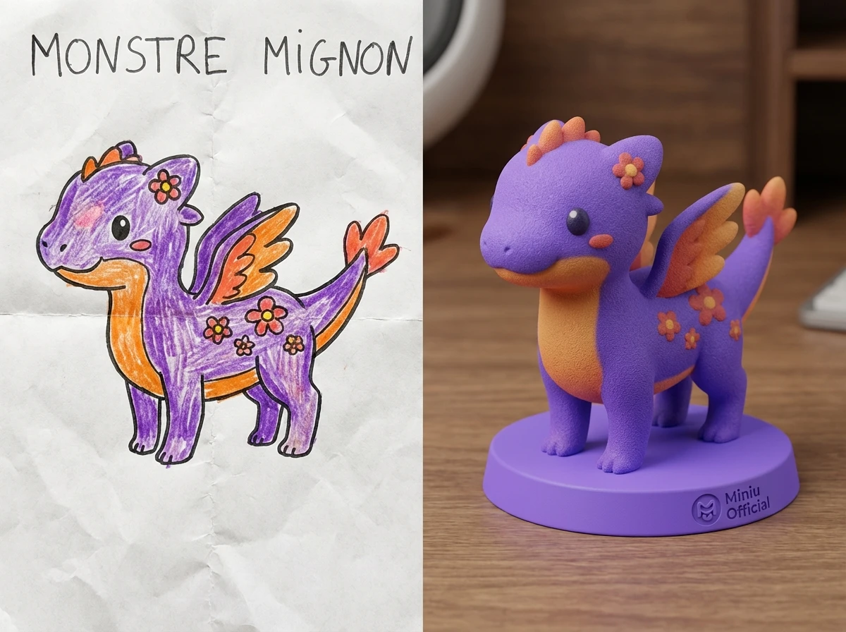 Dessin coloré d'un enfant à côté de sa version en figurine 3D imprimée