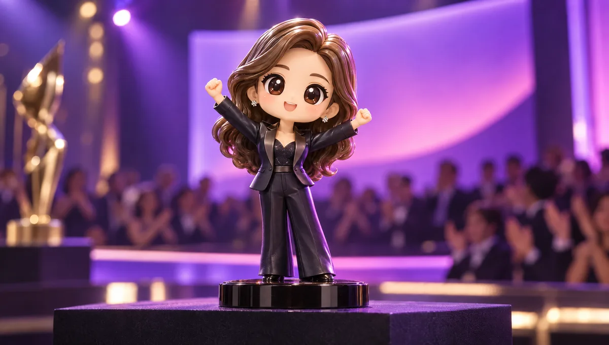 Figurine 3D personnalisée d'une lauréate sur un socle noir, présentée sur scène lors d'une soirée de gala