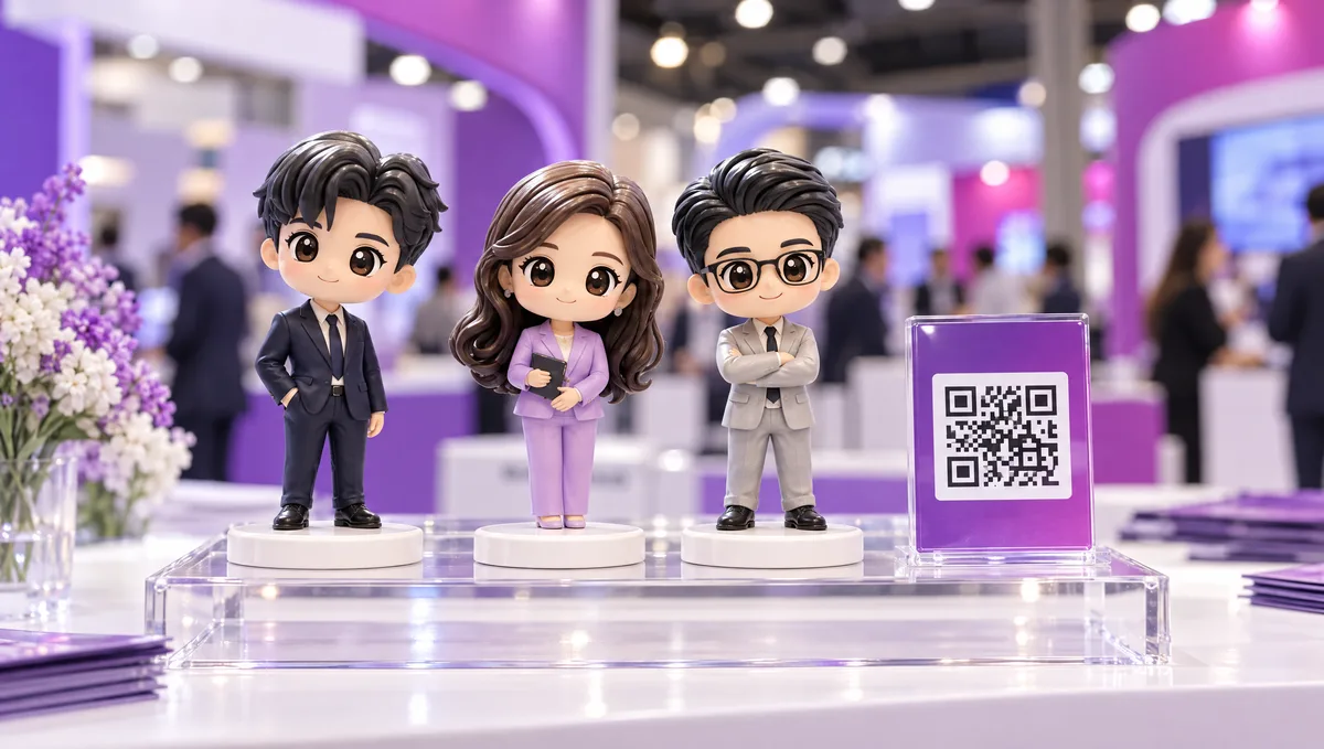 Figurines 3D personnalisées exposées sur le comptoir d'un stand de salon professionnel à côté d'un QR code