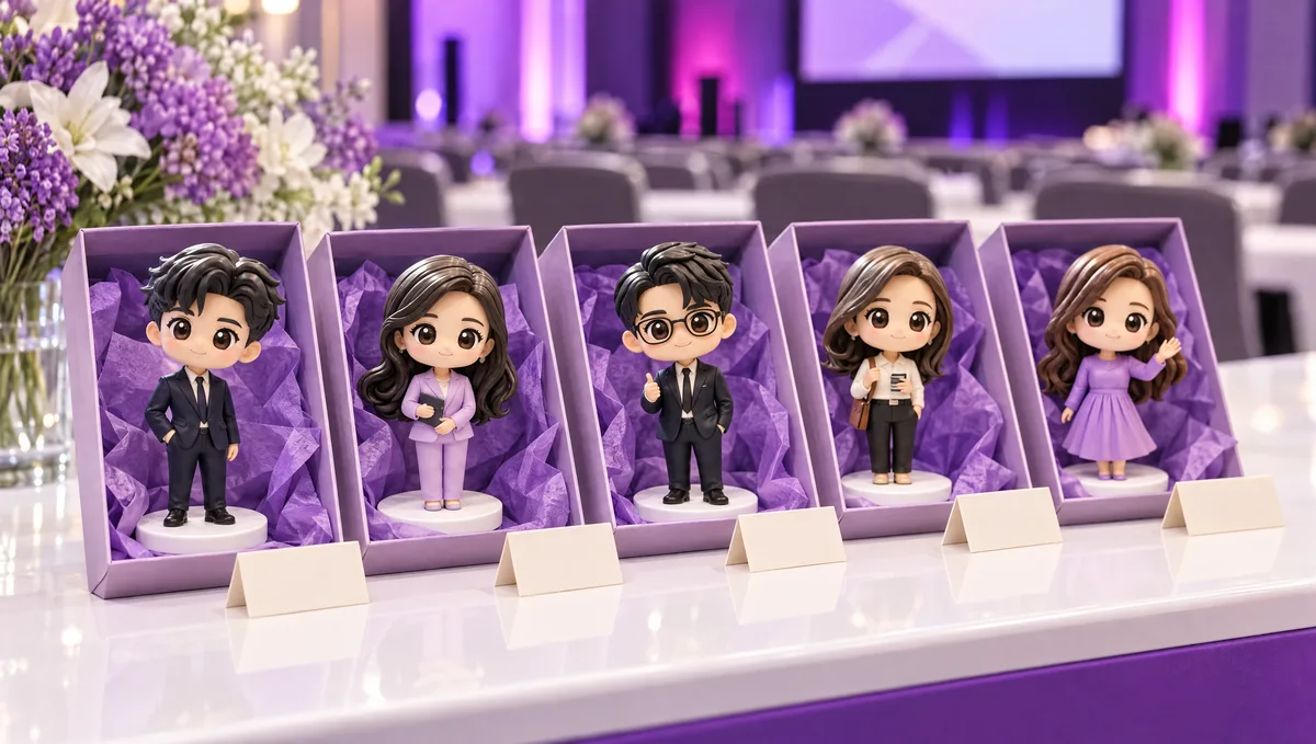 Figurines 3D personnalisées de collaborateurs présentées dans des coffrets sur la table d'accueil d'un séminaire