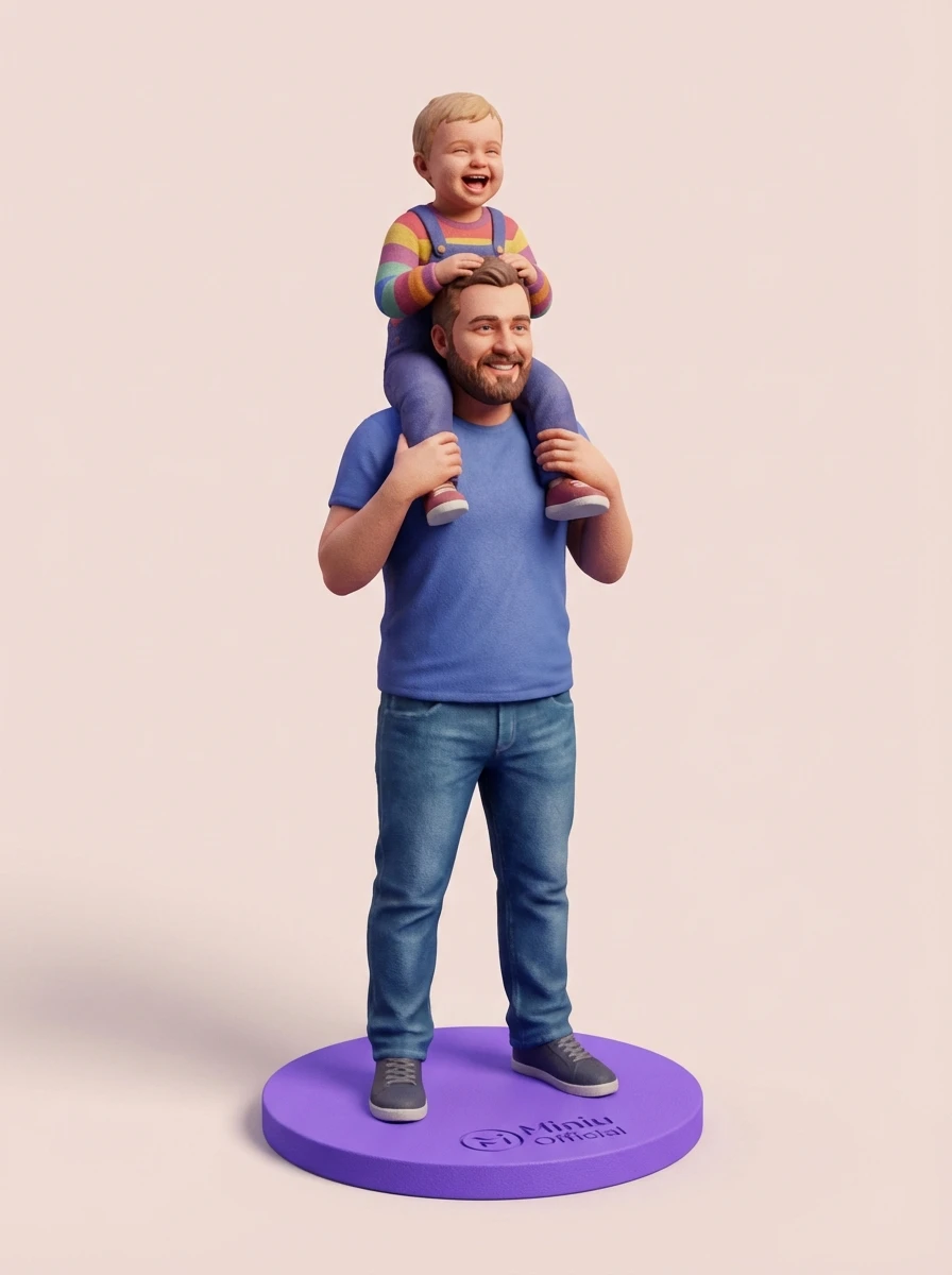 Figurine 3D personnalisée représentant un père et son enfant, idéale pour la Fête des Pères