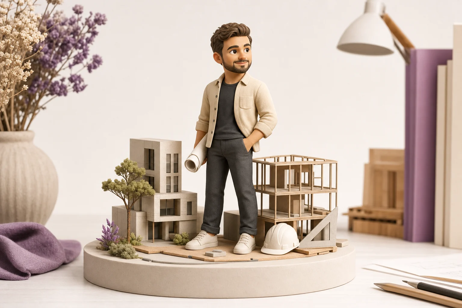 Figurine 3D architecte tenant un rouleau de plans, posée sur une maquette de bâtiment, finition résine mate