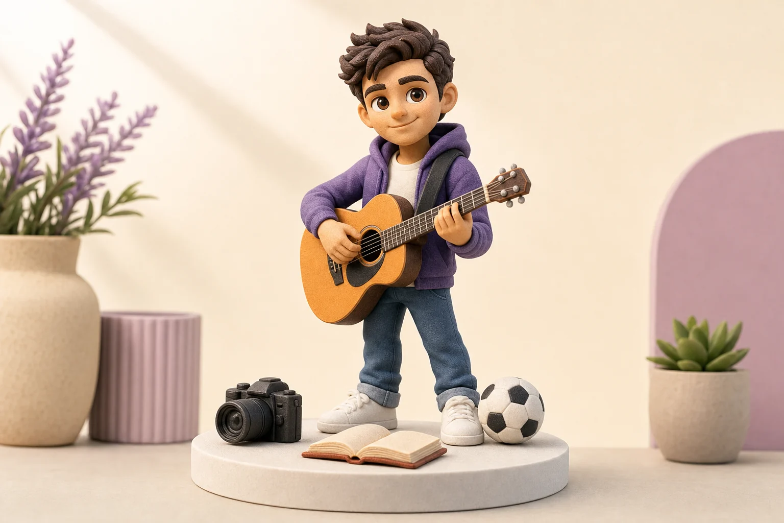 Figurine 3D personnalisée tenant une guitare miniature en résine mate avec grain subtil