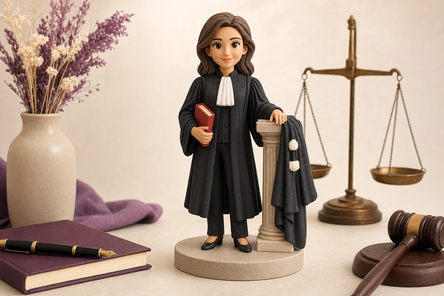 Figurine 3D d’avocat ou magistrat en toge noire sur socle, texture mate et détails réalistes