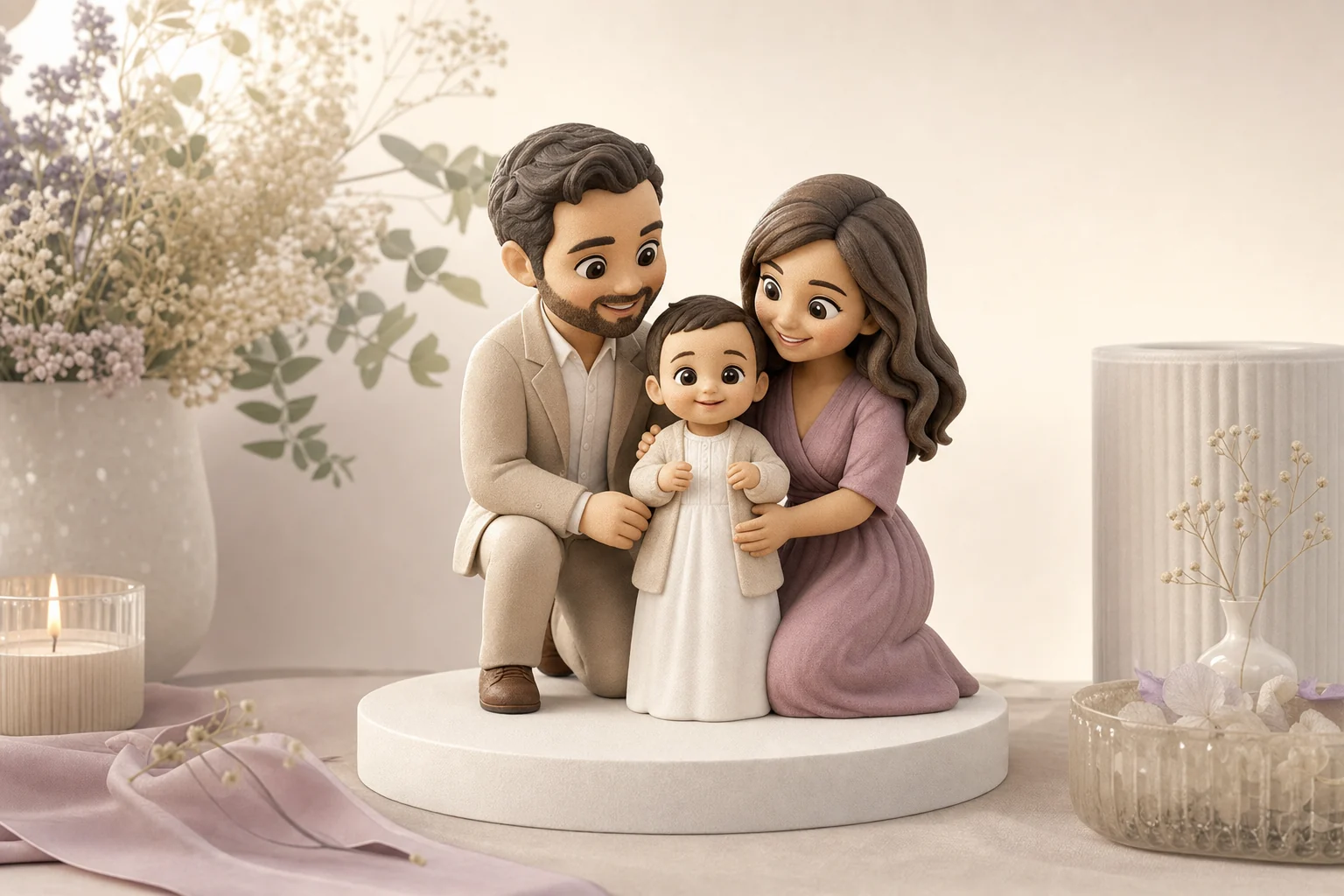 Figurine 3D personnalisée représentant un bébé en tenue de baptême, posée sur une base gravée avec prénom et date