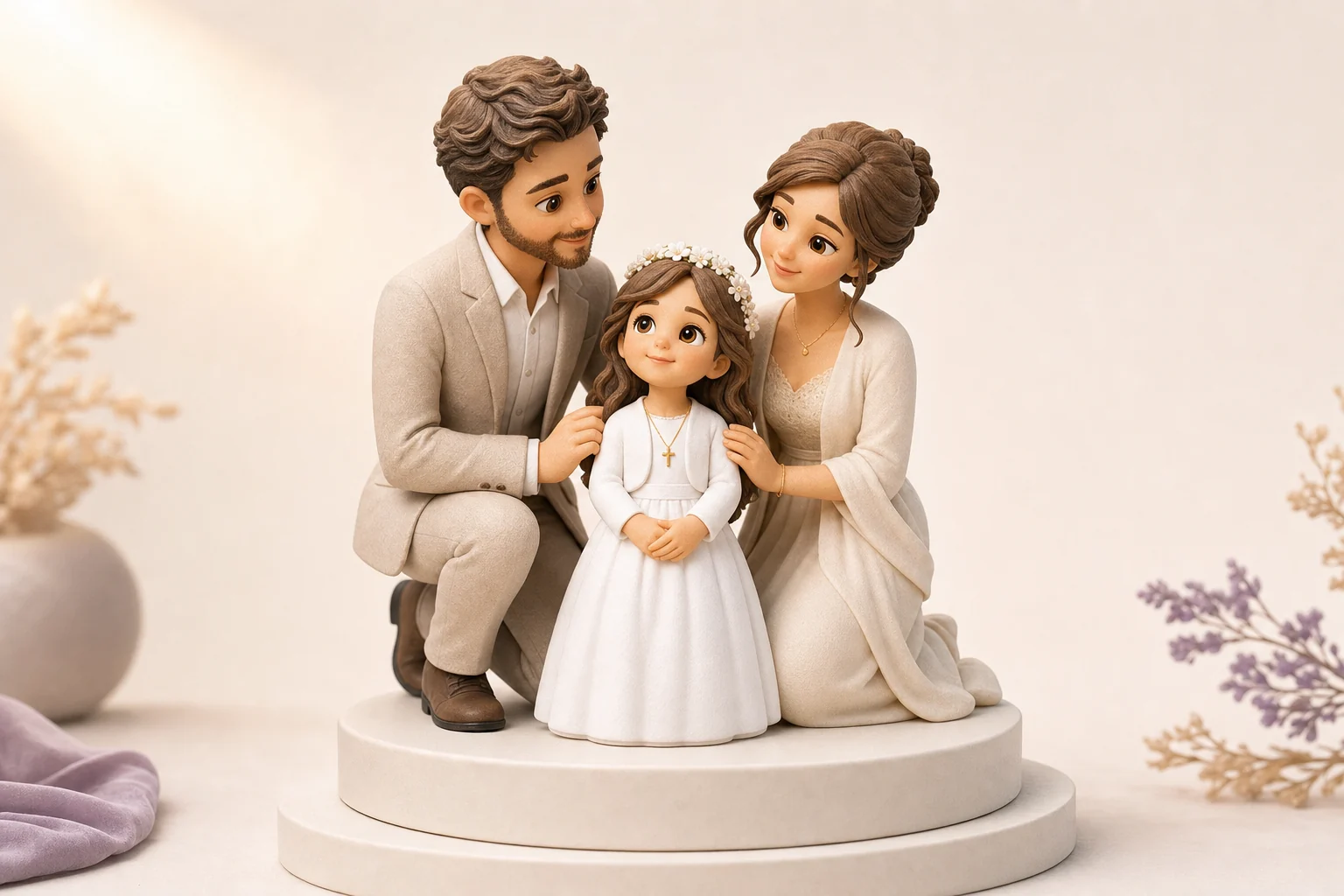 Figurine 3D personnalisée d'un enfant en tenue de baptême, résine mate avec grain subtil, posée sur une table décorée