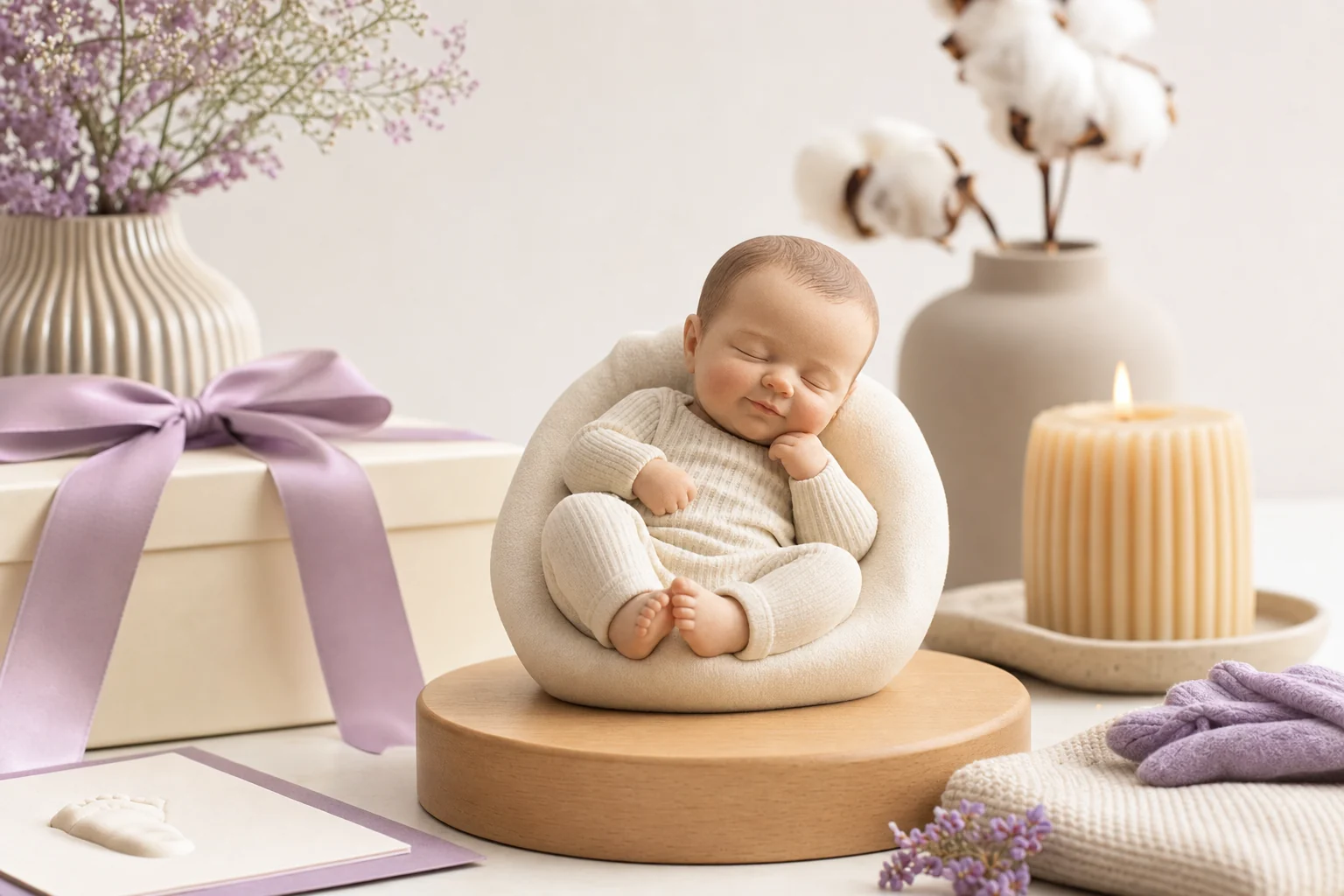 Figurine 3D bébé personnalisée en résine mate, reproduisant un nourrisson avec sa tenue et son doudou, posée sur un meuble de chambre d'enfant