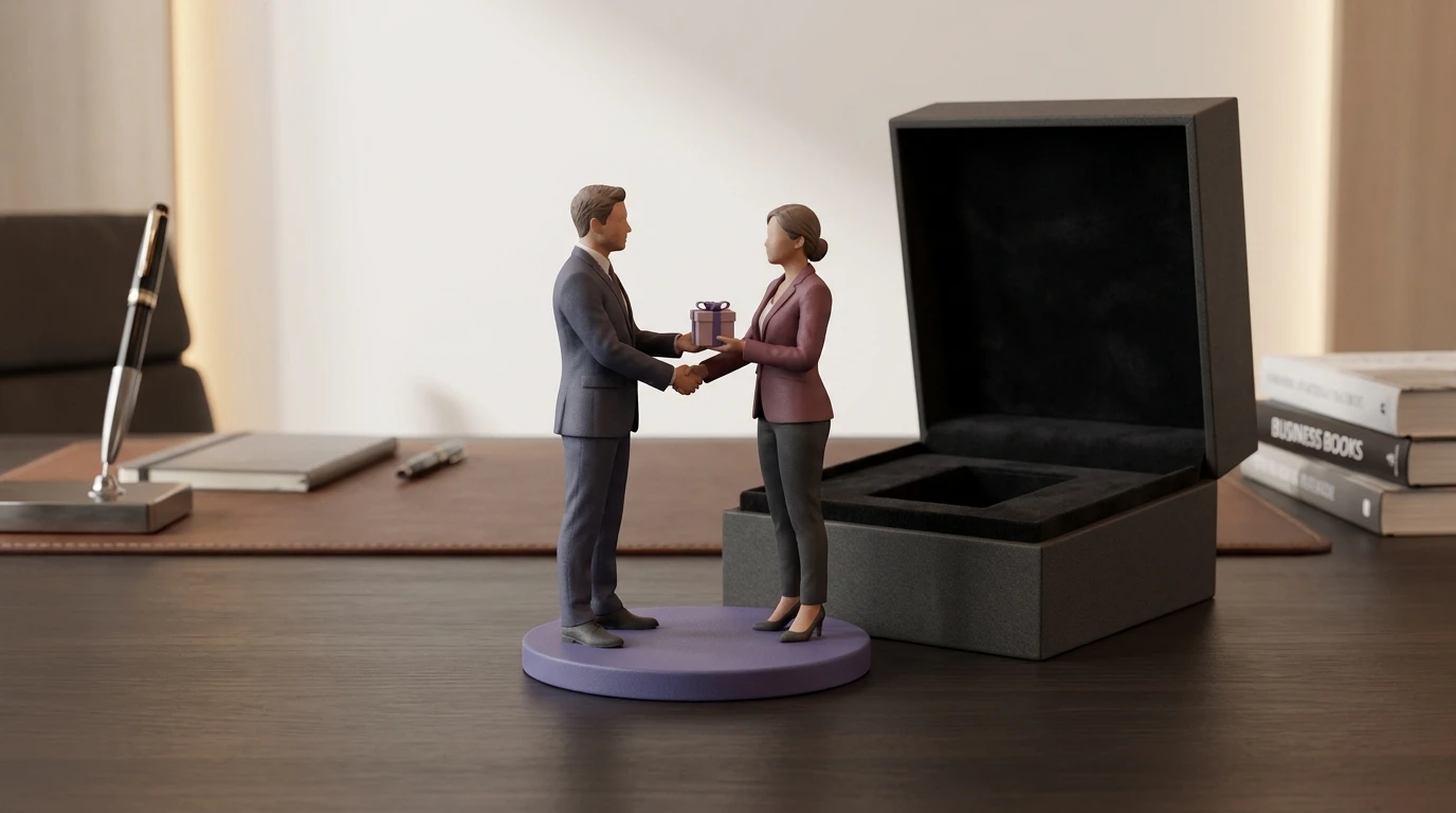 Illustration Miniu pour cadeau client vip personnalise avec figurine en resine mate et rendu premium