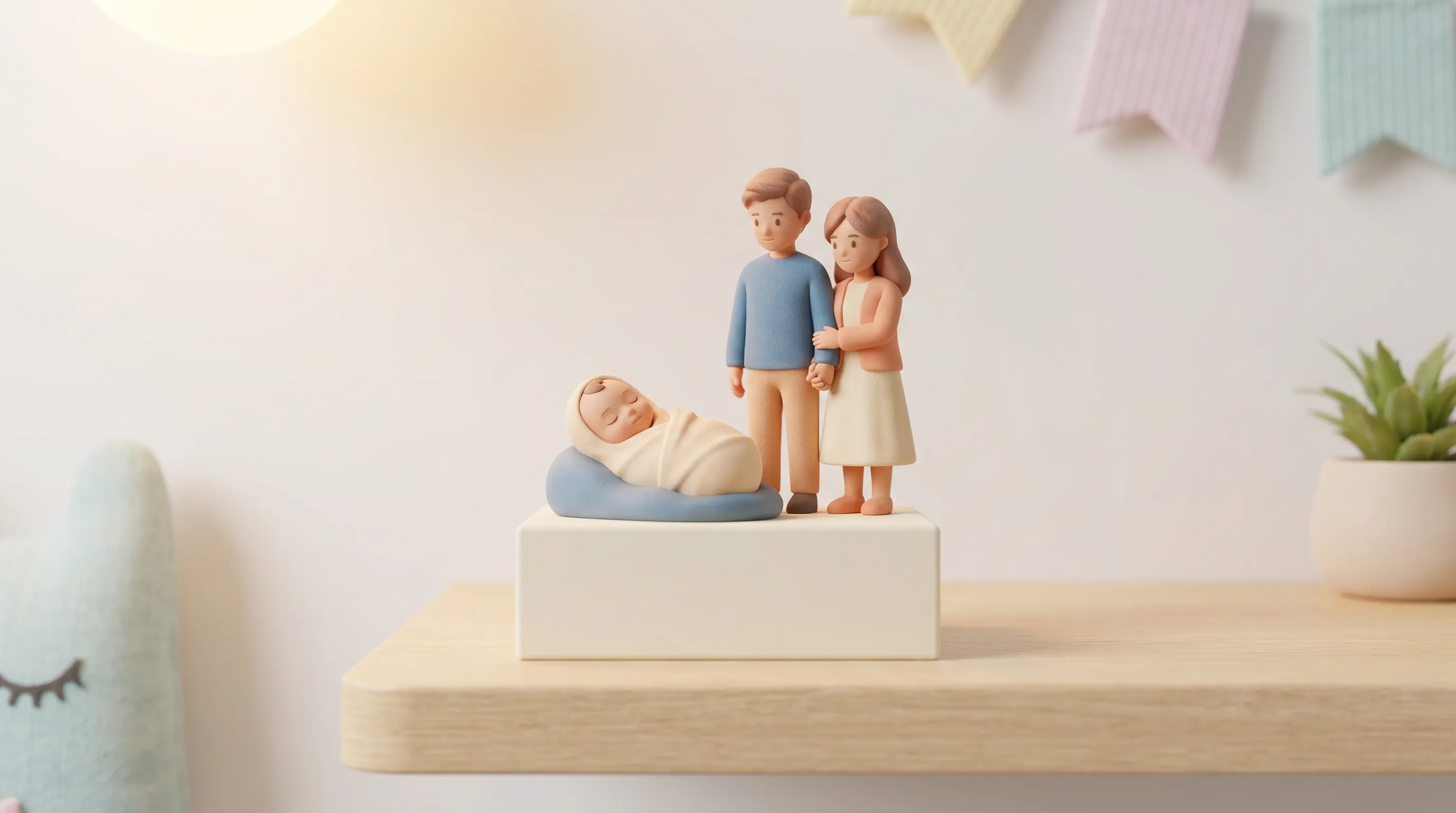 Figurine 3D de bébé personnalisée en résine mate avec grain subtil, posée sur une étagère familiale