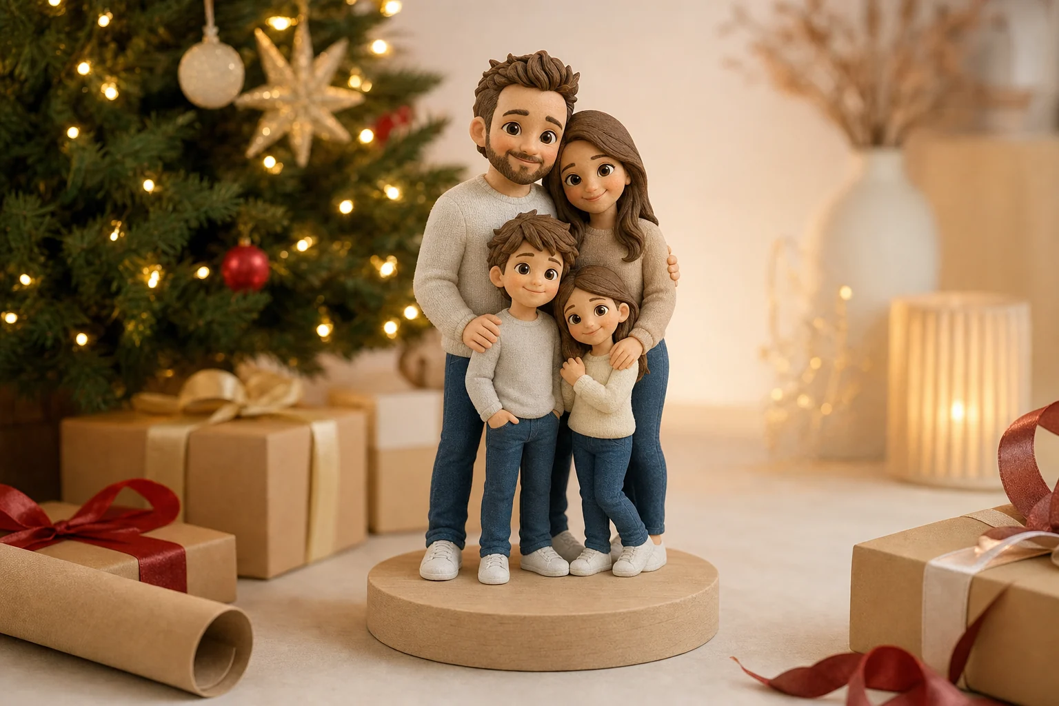 Figurine 3D personnalisée posée sous un sapin de Noël, résine mate avec grain subtil, portrait fidèle du destinataire