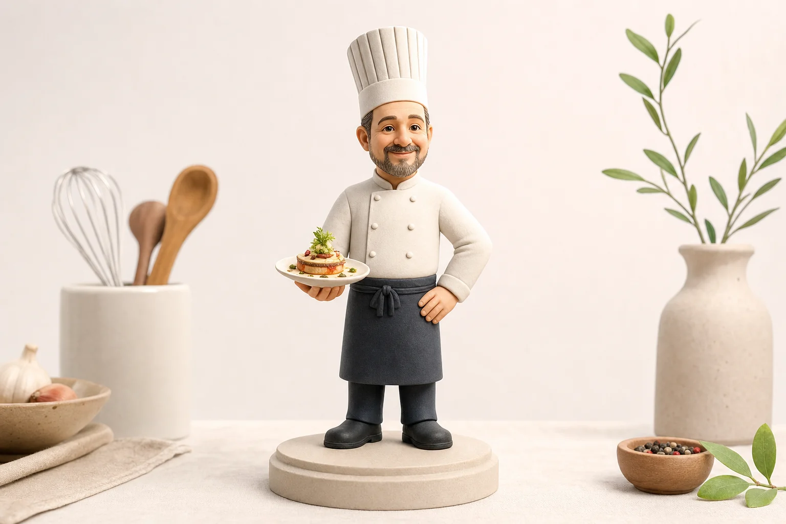 Figurine 3D chef cuisinier en toque blanche tenant son plat signature, résine mate grain subtil