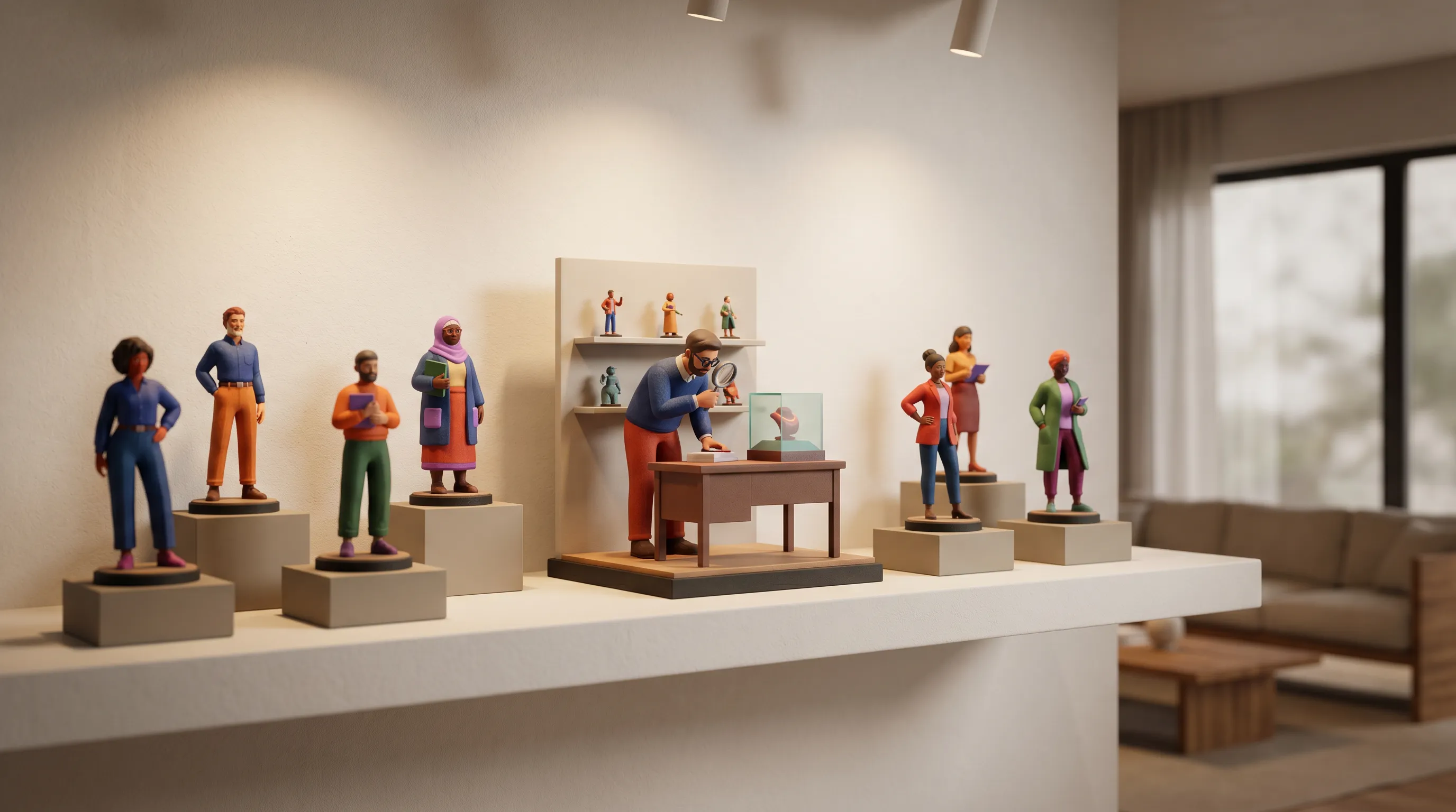 Collection de figurines 3D personnalisées exposées sur une étagère moderne