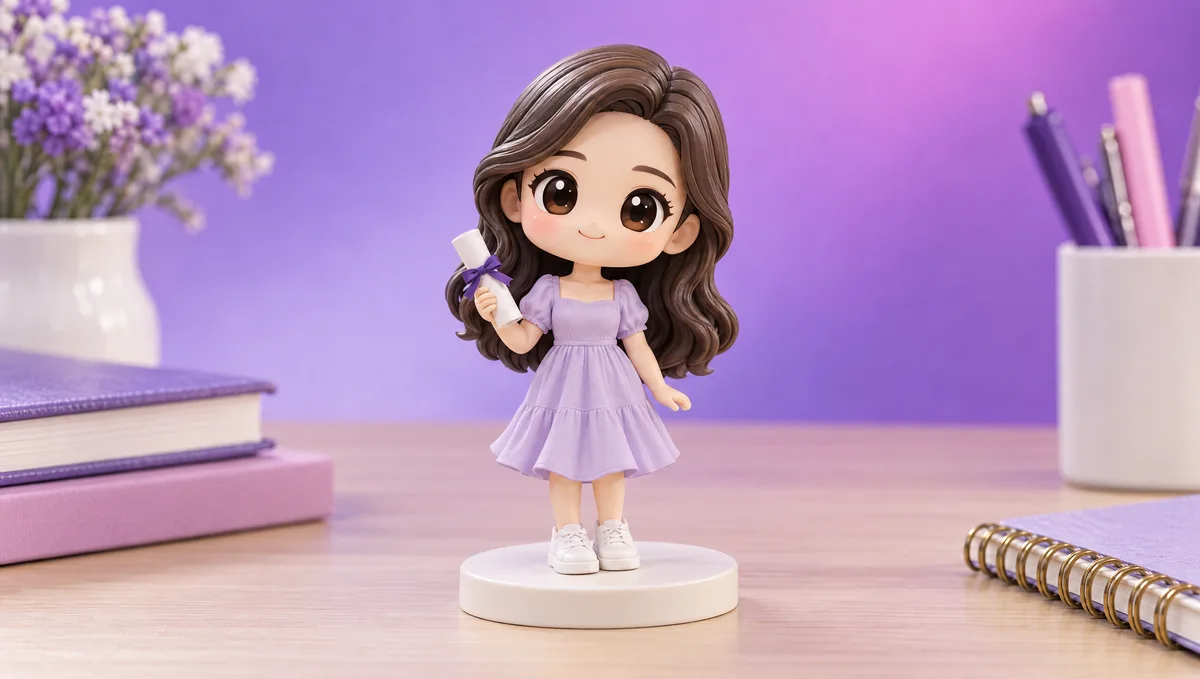 Figurine 3D personnalisée d'une bachelière en tenue de ville, diplôme roulé à la main, posée sur un socle gravé