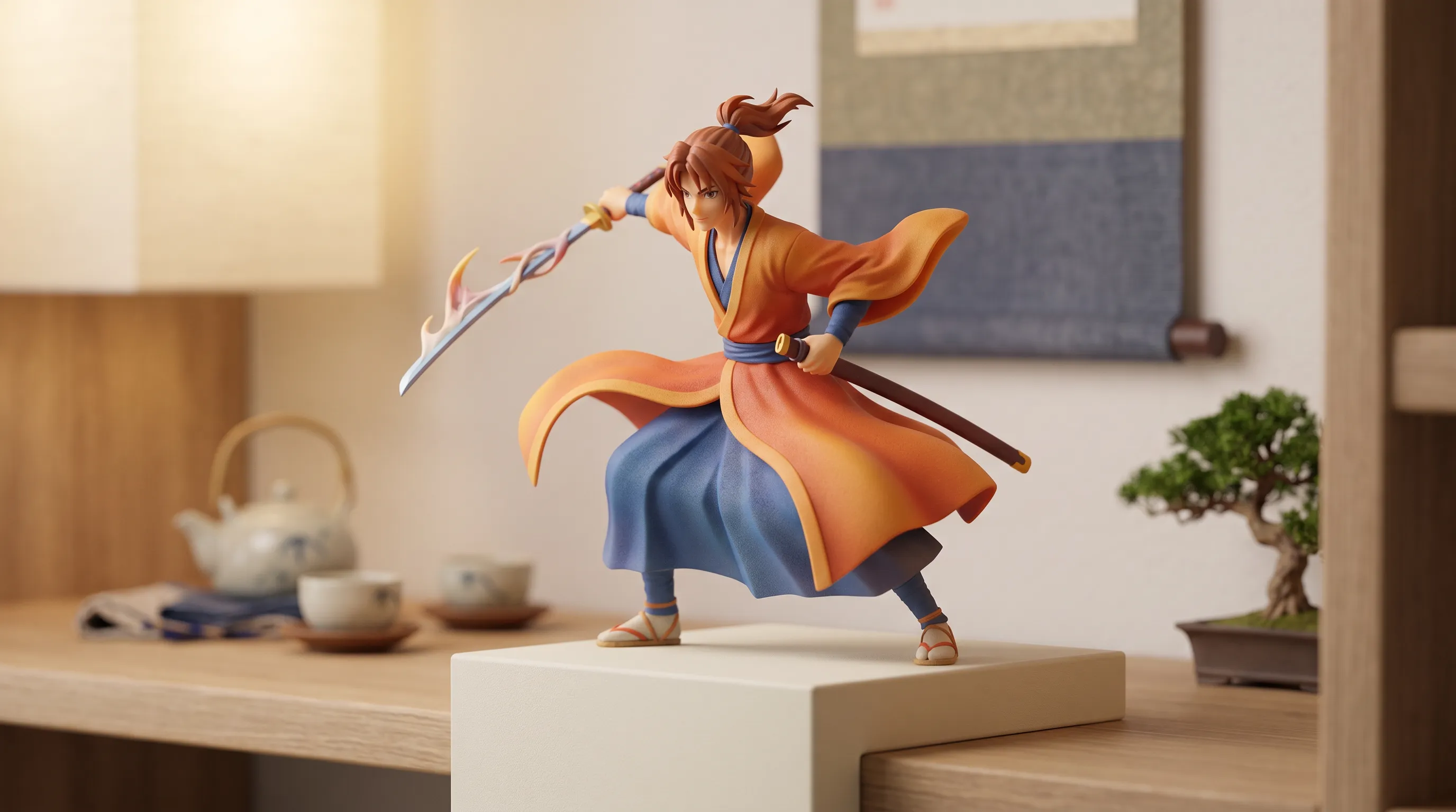 Figurine 3D personnalisée représentant un personnage de manga en résine mate, posée sur une étagère