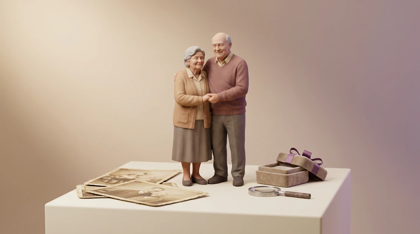 Illustration Miniu pour figurine 3d souvenir photo ancienne avec figurine en resine mate et rendu premium
