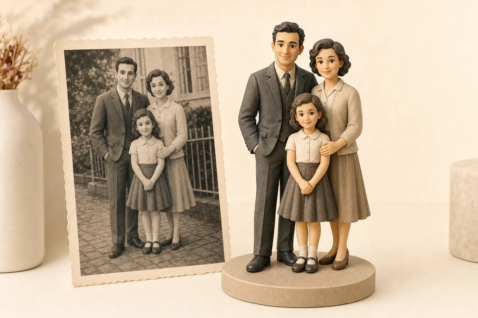 Figurine 3D en résine mate créée à partir d'une photo noir et blanc ancienne posée à côté du portrait original