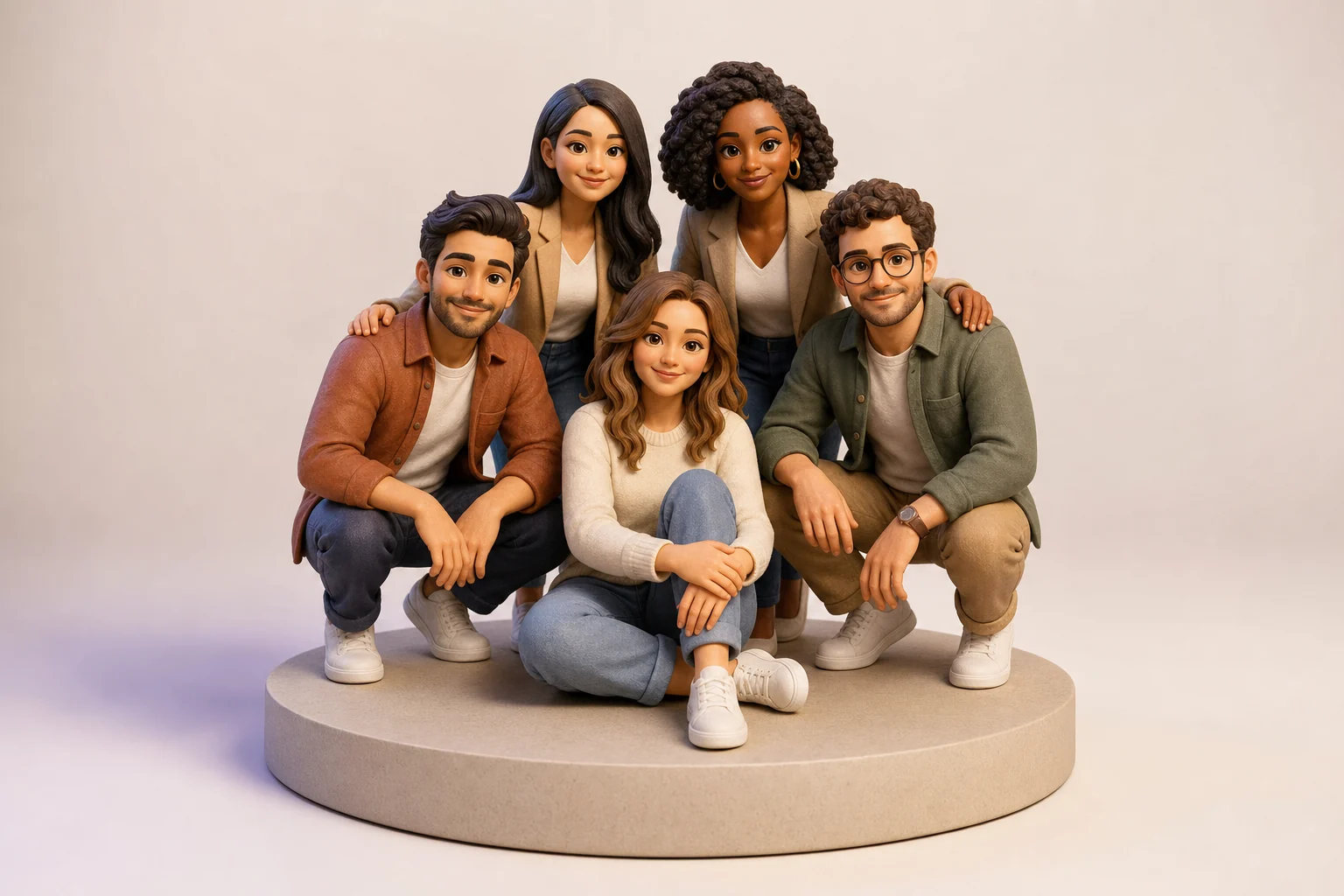 Figurine 3D groupe de plusieurs personnes en résine mate avec finition grain subtil, représentant une famille ou un groupe d'amis