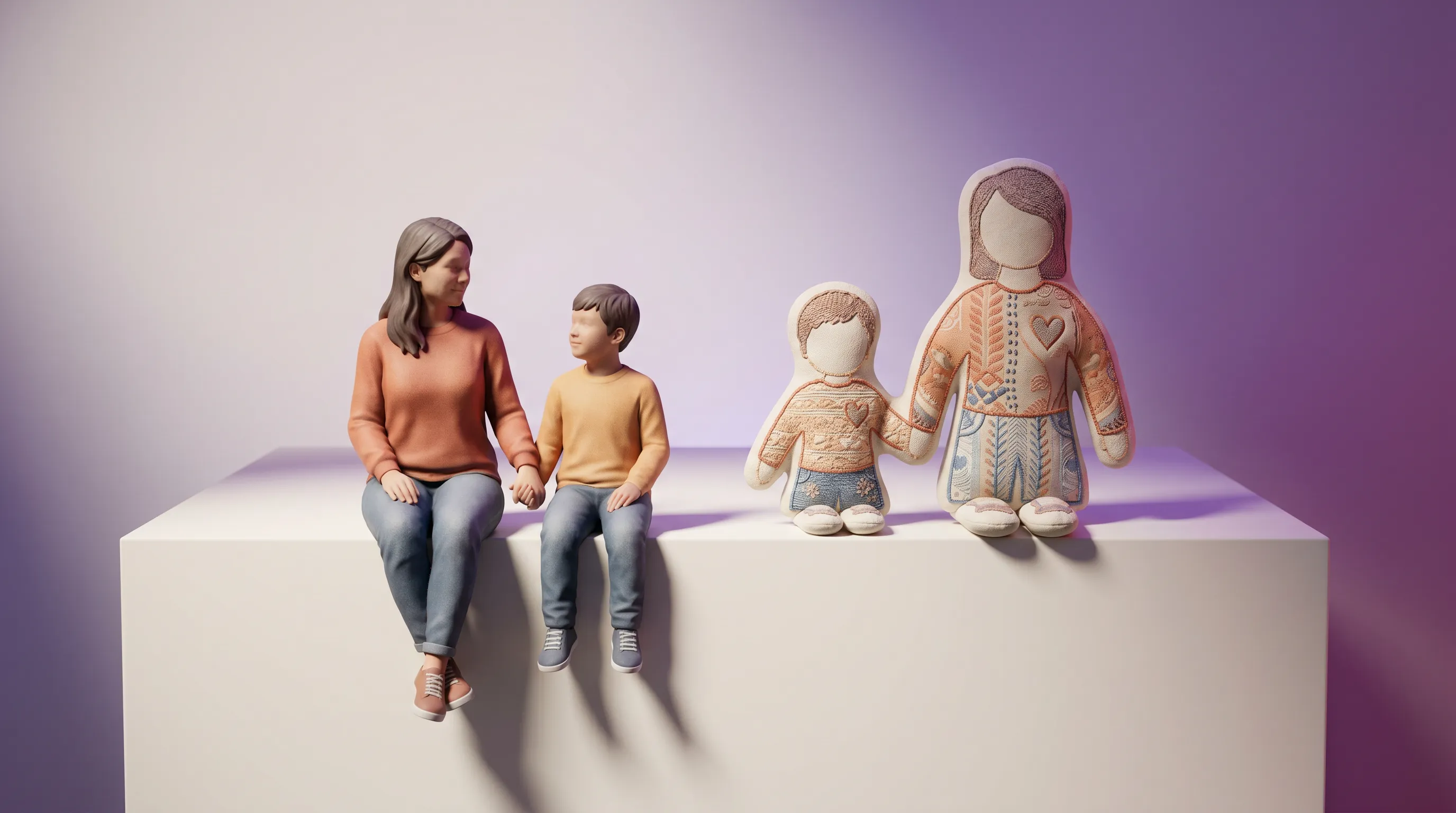 Figurine 3D en résine mate à grain subtil et peluche personnalisée côte à côte sur une étagère