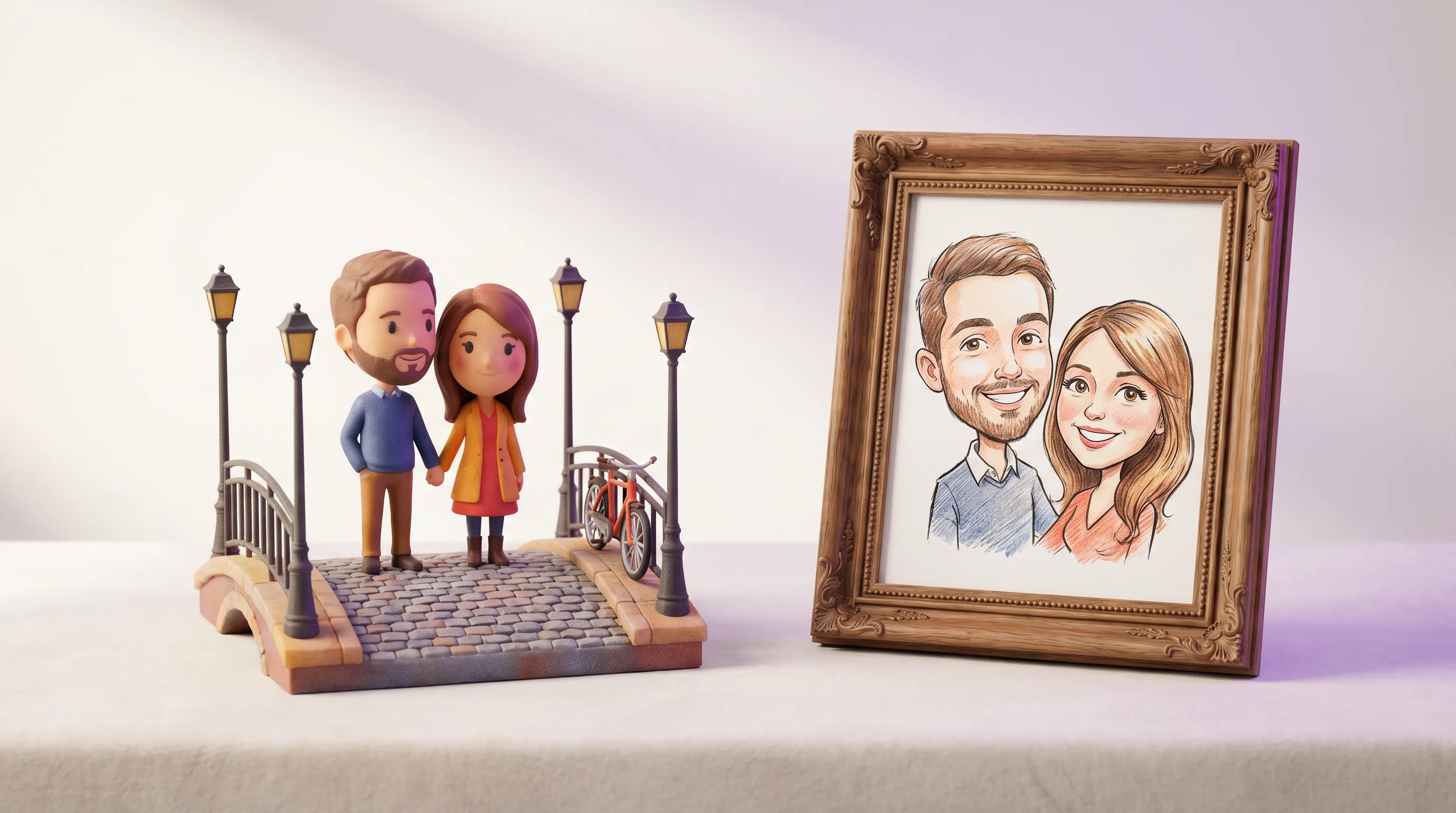Comparaison entre une figurine 3D en résine mate et un portrait caricature coloré sur papier