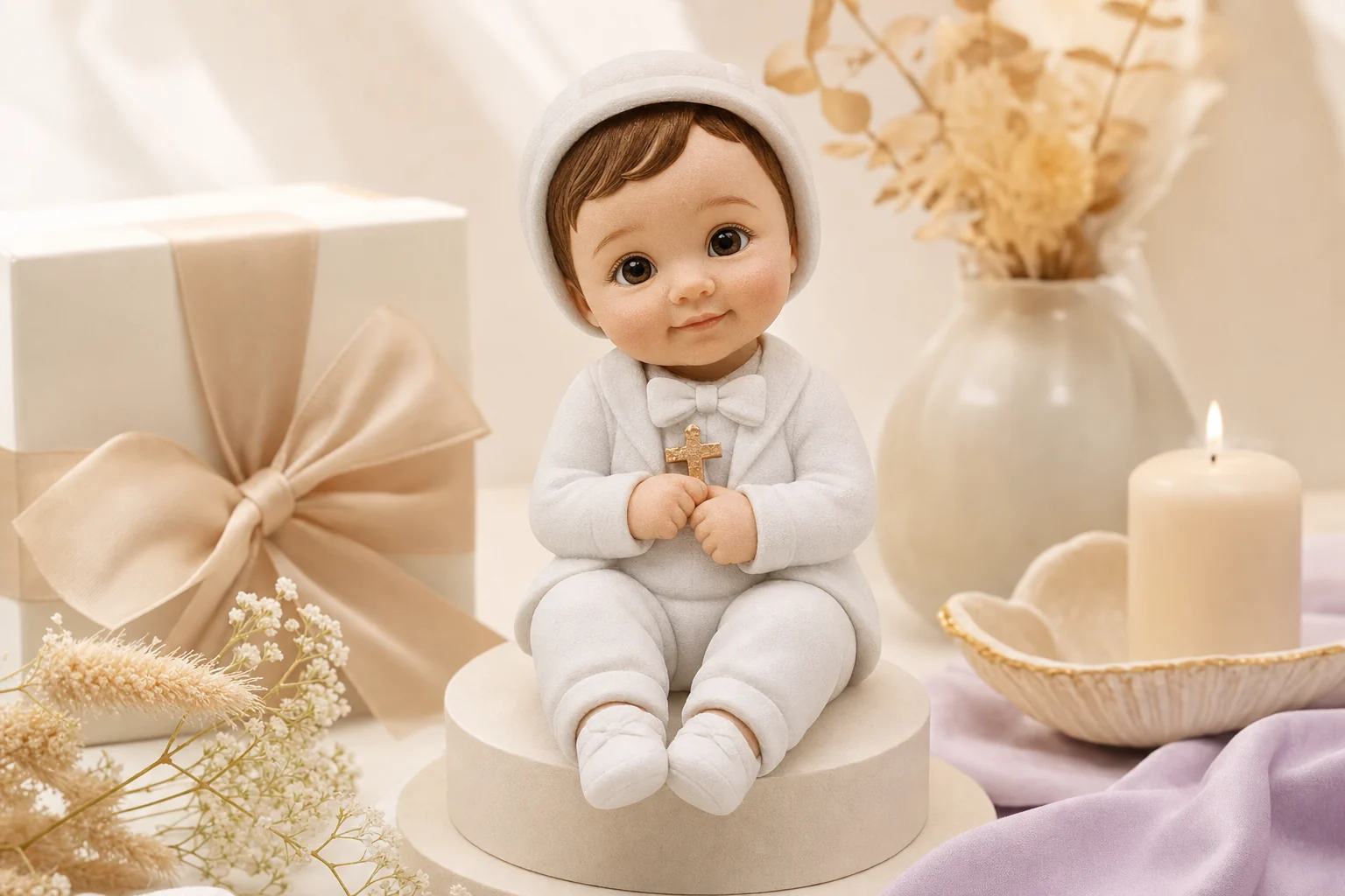 Figurine bébé déguisée en abeille pour baptême, réalisée en résine mate avec grain subtil, posée sur une table de fête