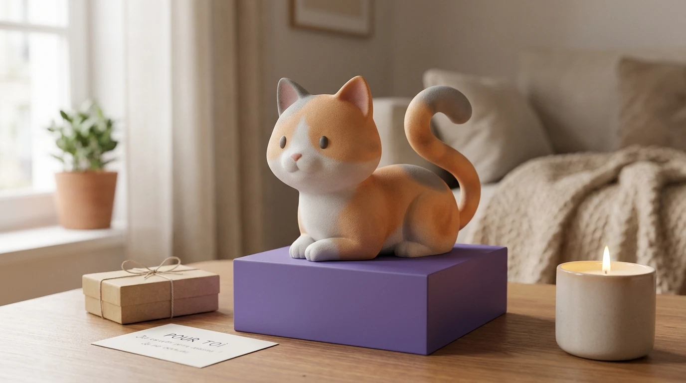 Illustration Miniu pour figurine chat personnalisee avec figurine en resine mate et rendu premium