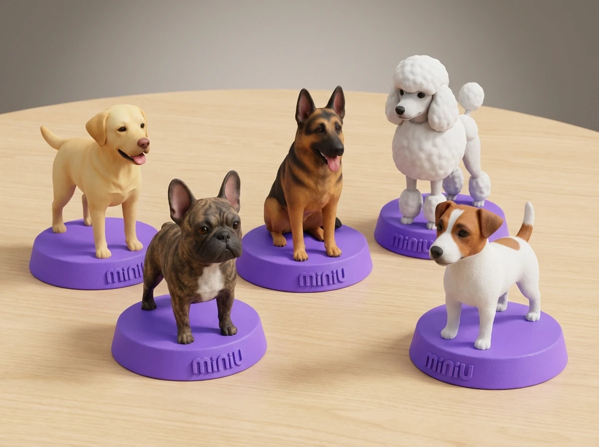 Collection de figurines 3D de chiens de différentes races posées côte à côte