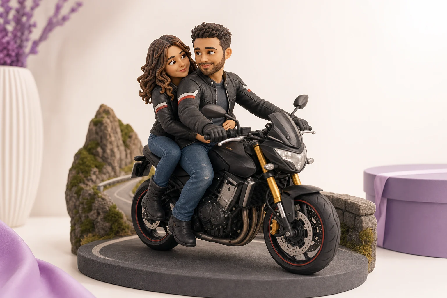 Figurine personnalisée d’un couple à moto, sculptée en résine mate, posée sur une étagère