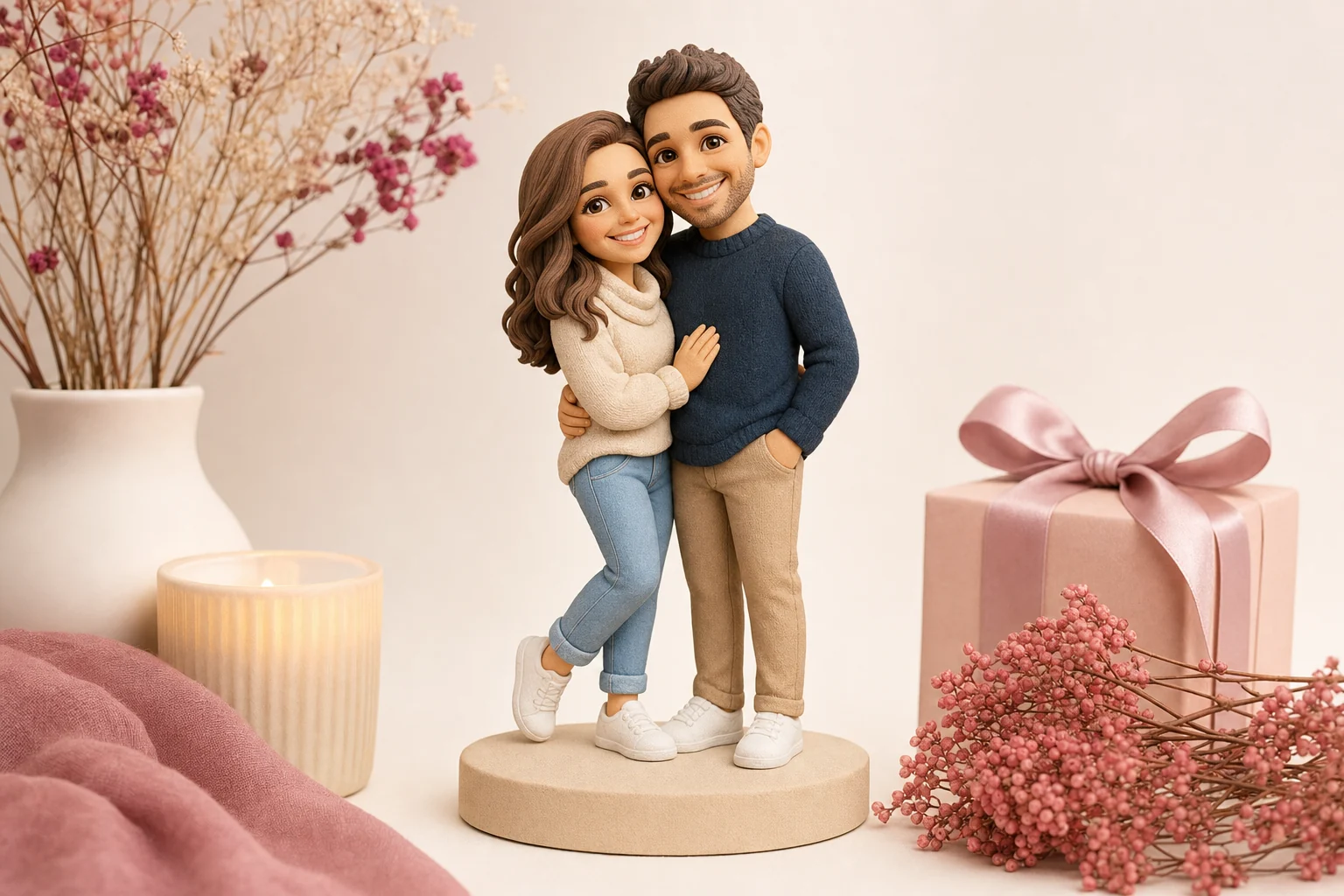 Figurine personnalisée de couple souriant, miniature réaliste en résine mate