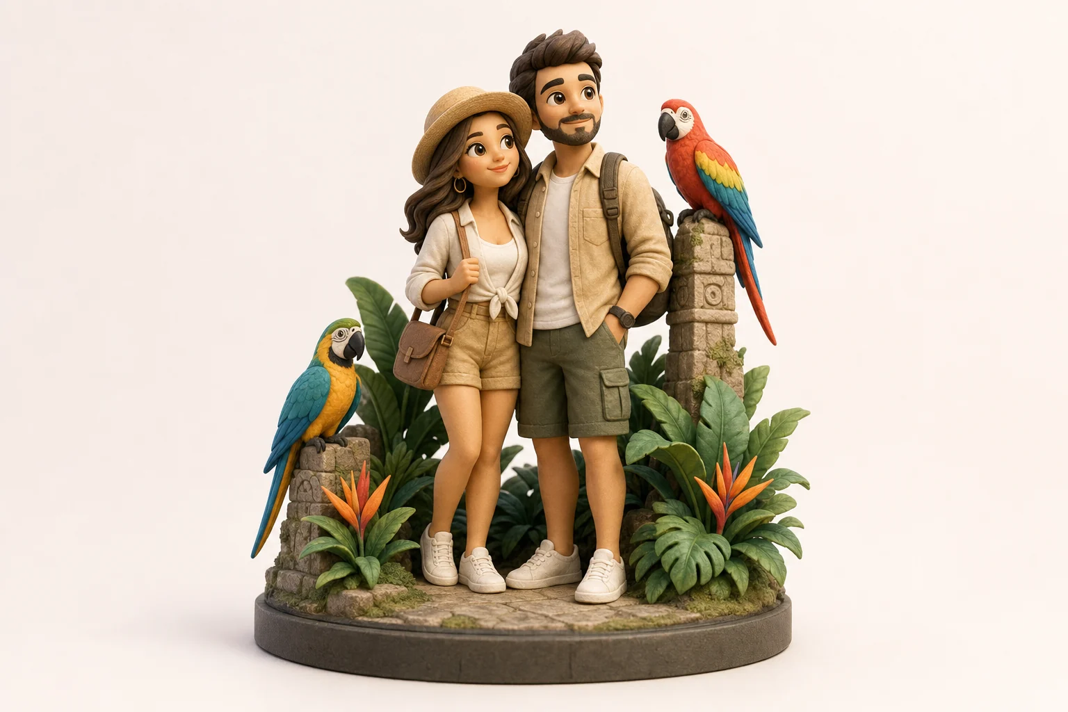Figurine couple posant devant des perroquets exotiques, souvenir de voyage personnalisé