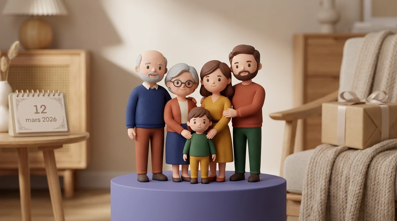 Illustration Miniu pour figurine famille personnalisee avec figurine en resine mate et rendu premium