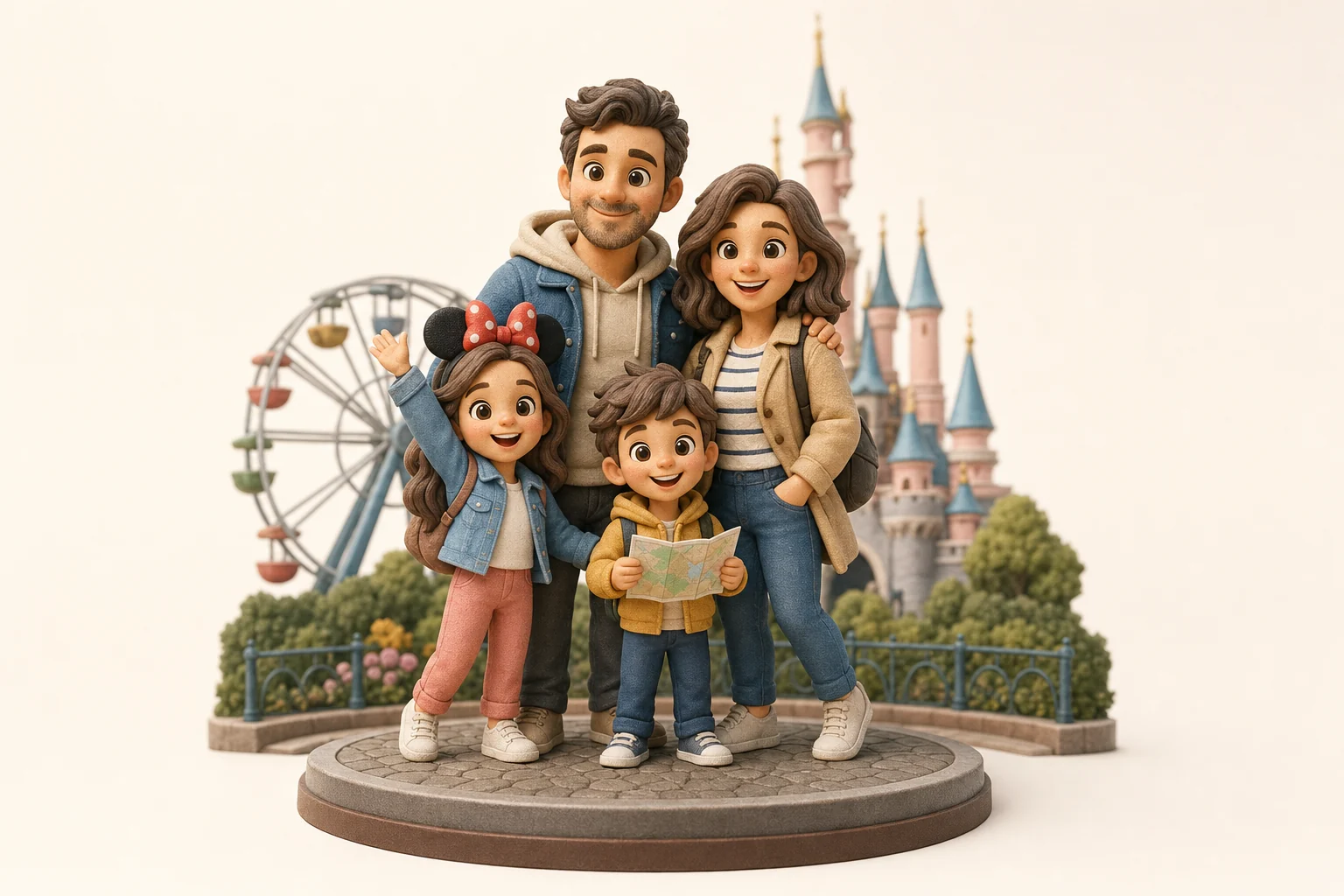 Famille réunie en figurine 3D devant un décor de parc avec manège miniature