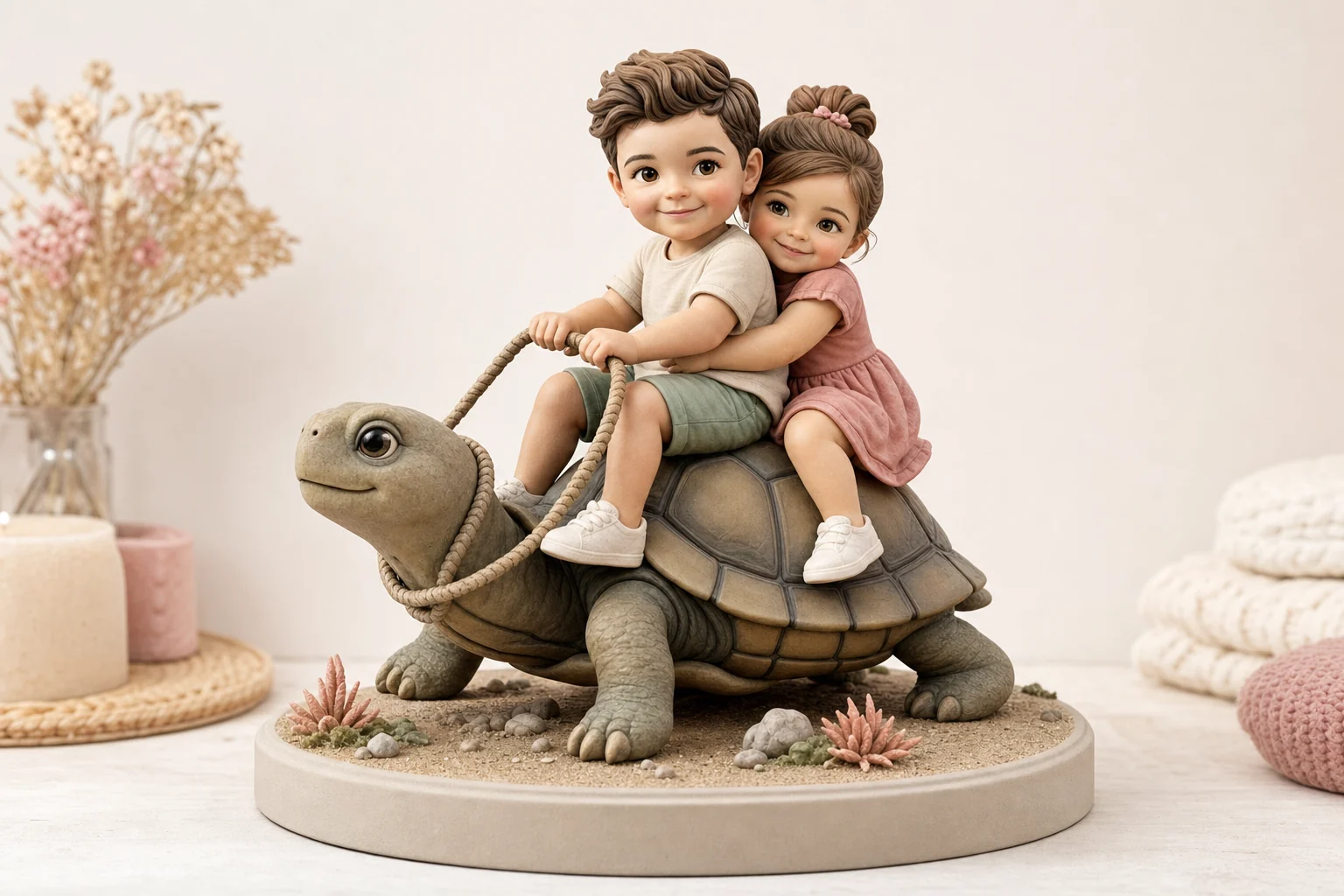 Figurine 3D représentant une fratrie de frères et sœurs assis sur une tortue, finition mate en résine, ambiance joyeuse et réaliste
