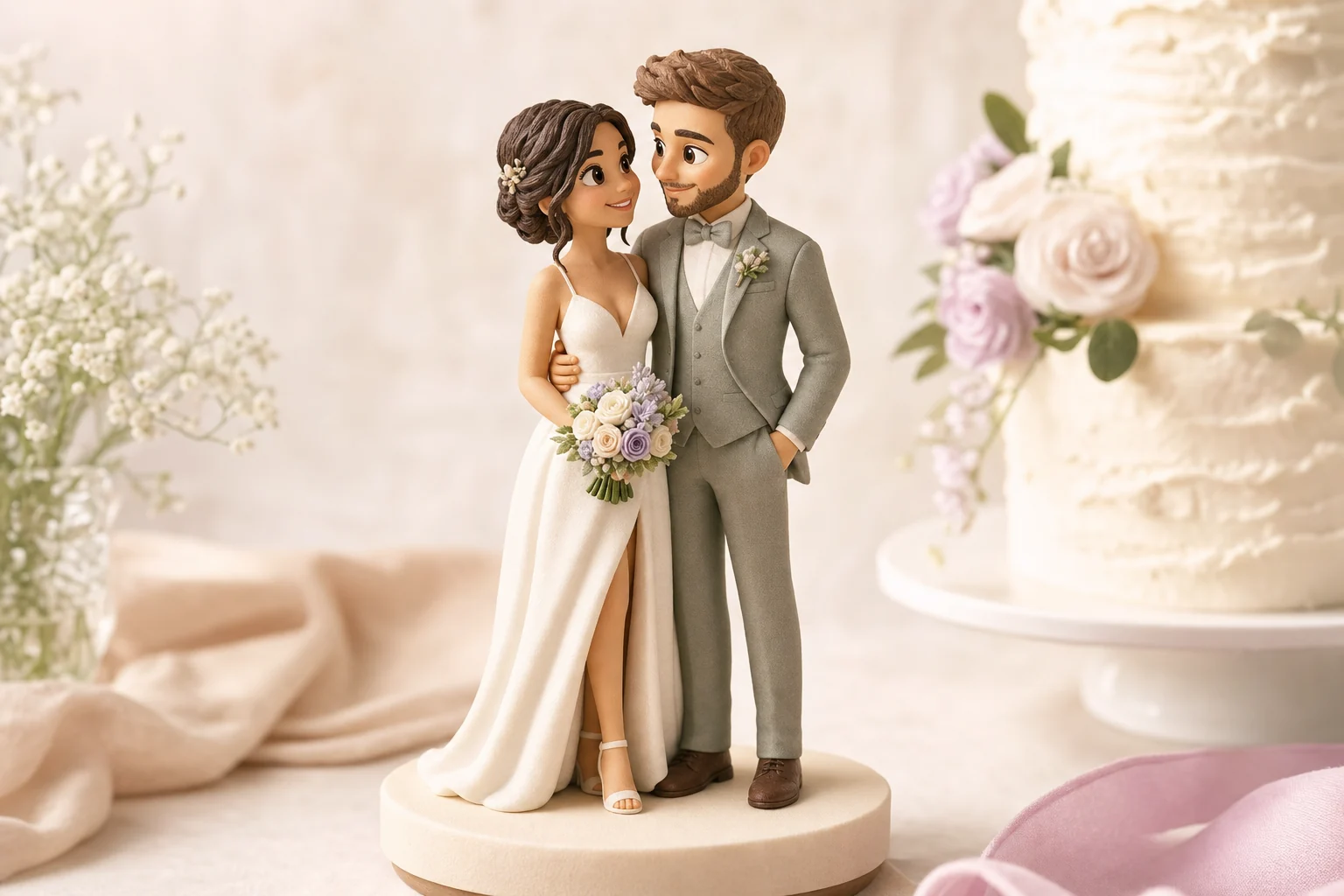 Cake topper mariage personnalisé Miniu fidèle, figurine couple en résine mate sur pièce montée