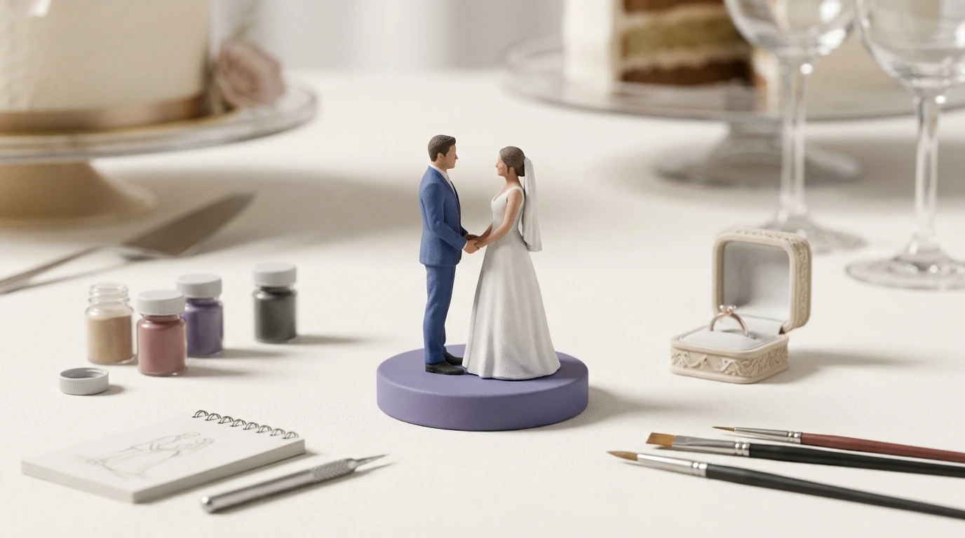 Illustration Miniu pour cake topper mariage personnalisé avec figurine en resine mate et rendu premium