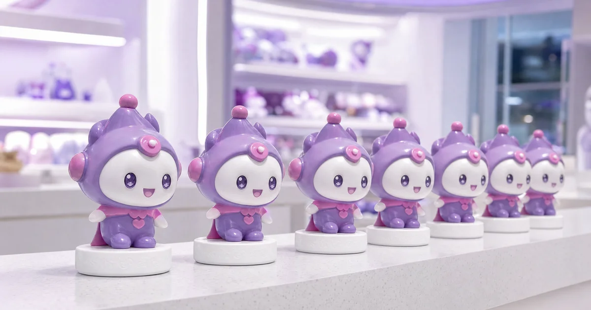 Figurines mascotte d'une enseigne de franchise en série sur un comptoir, socles gravés aux couleurs de la marque