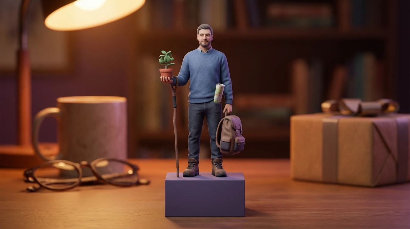 Illustration Miniu pour cadeau depart retraite original avec figurine en resine mate et rendu premium