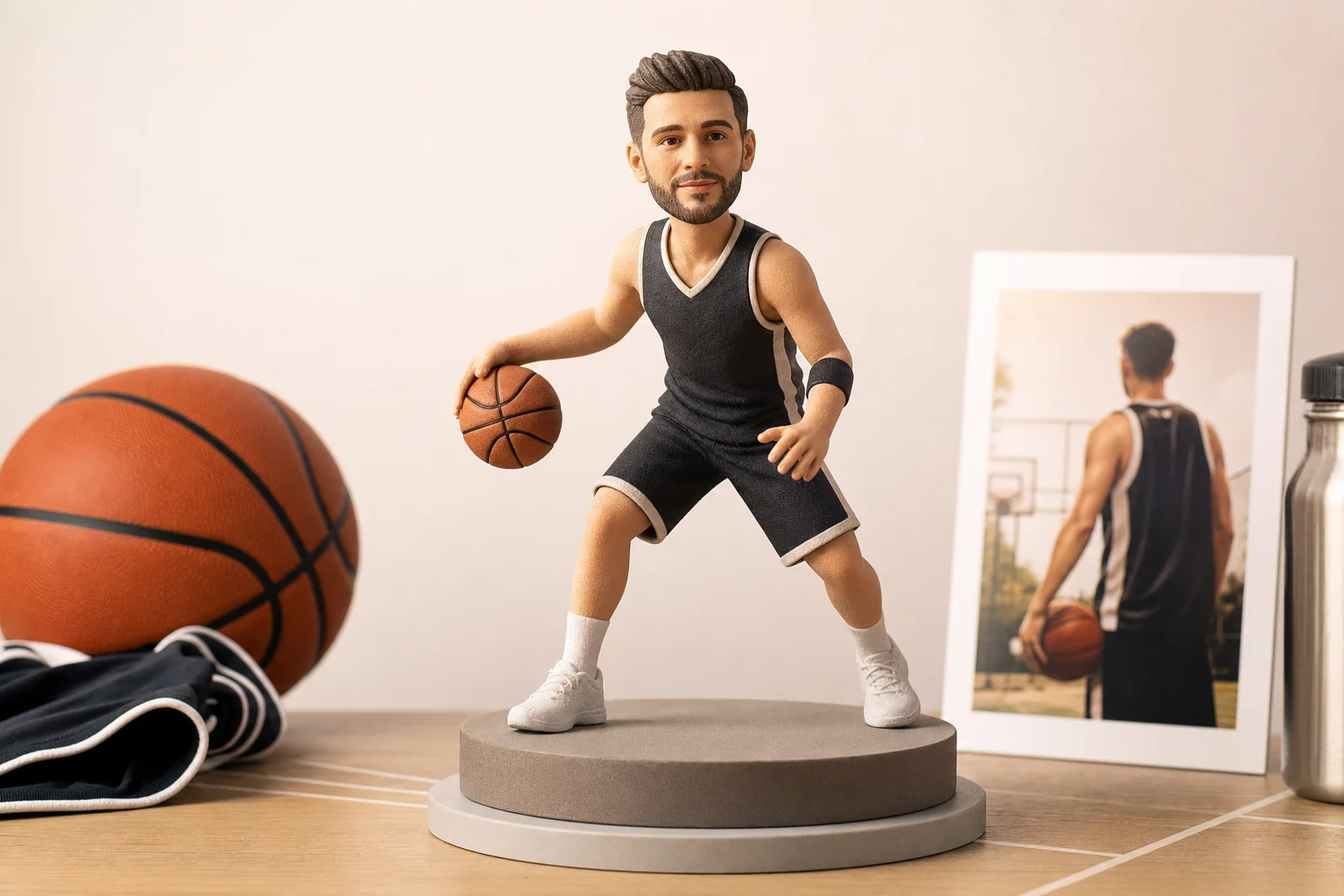 Figurine basketteur personnalisée tenant un ballon, avec maillot sur-mesure et geste signature
