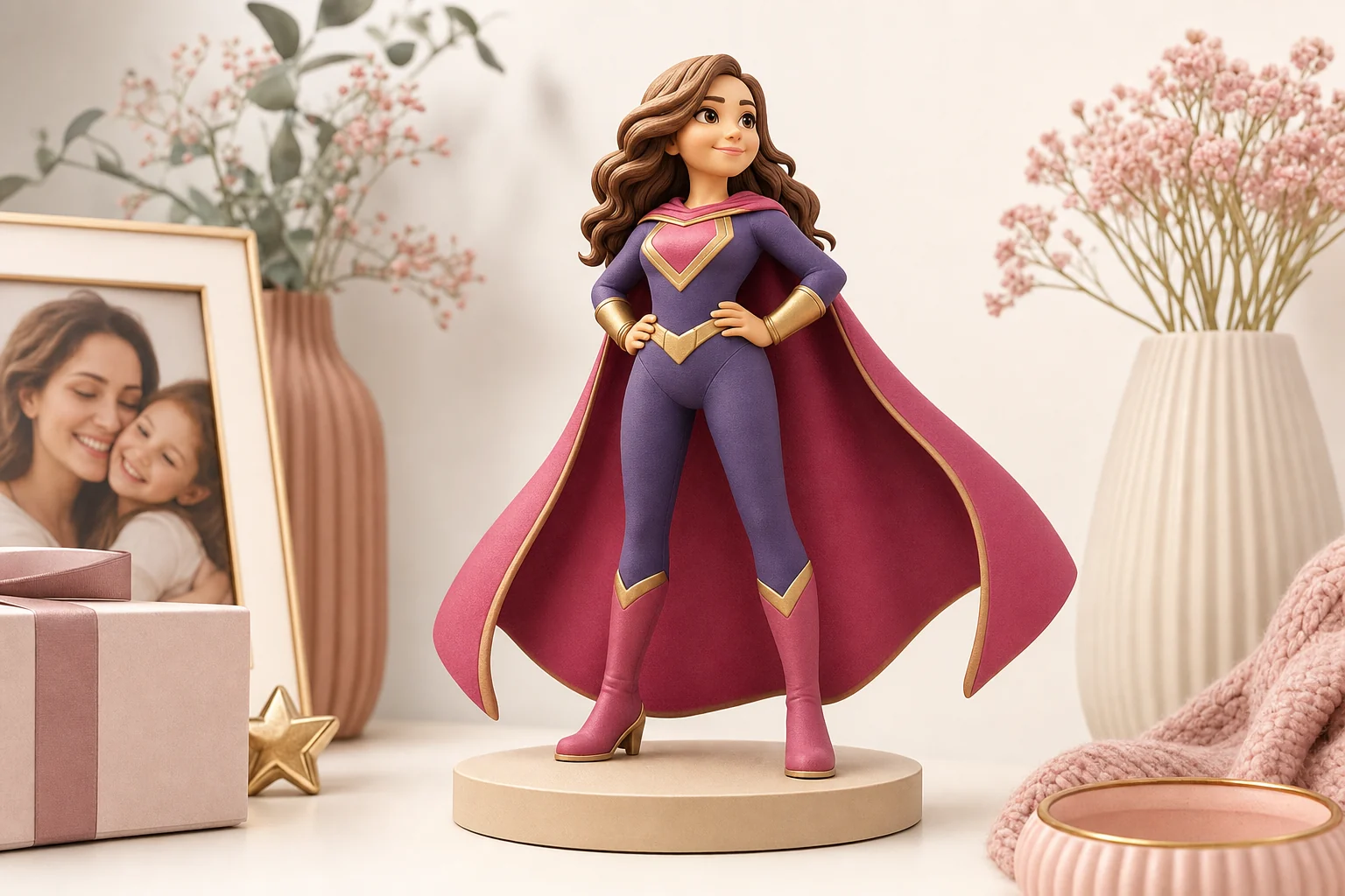 Figurine super-héroïne personnalisée avec cape et costume, posée sur un socle, finition mate en résine