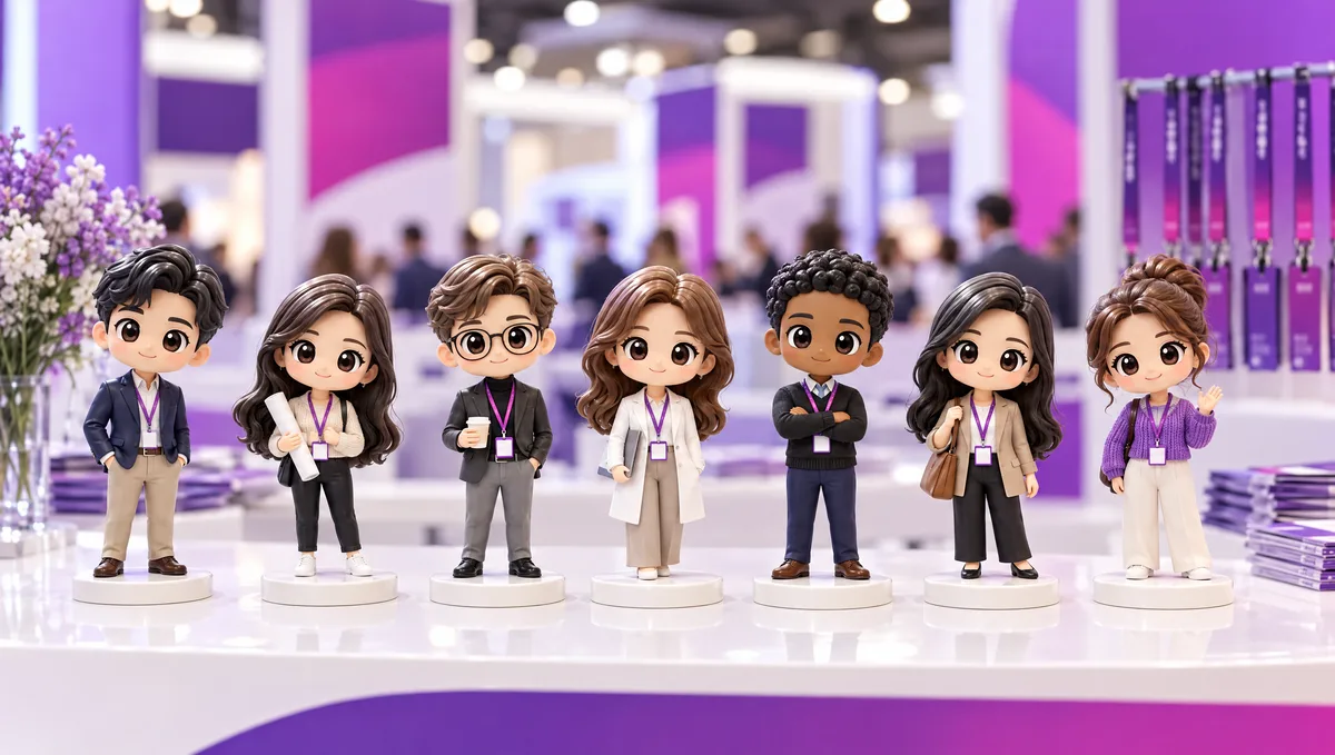 Figurines 3D personnalisées de congressistes alignées sur un stand de congrès, socles gravés au nom de l’édition