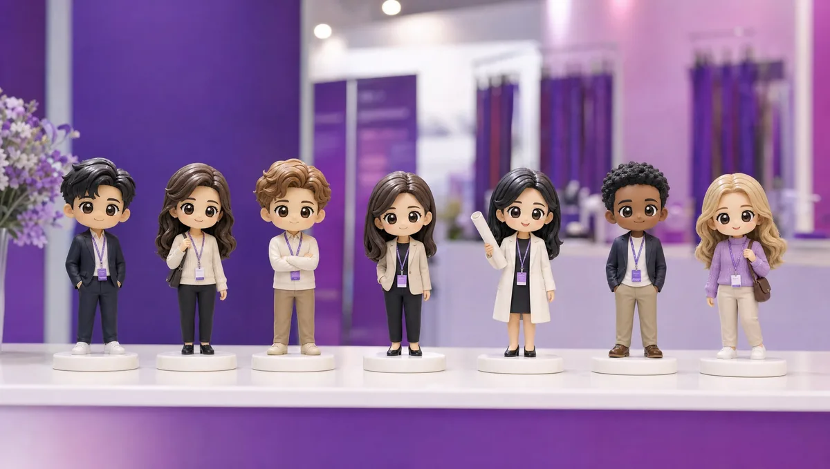 Figurines 3D personnalisées de congressistes alignées sur un stand de congrès, socles gravés au nom de l’édition