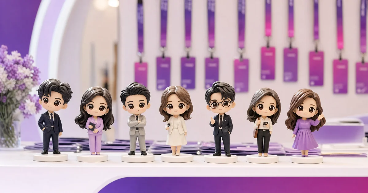 Figurines 3D personnalisées alignées sur un comptoir d'accueil d'événement d'entreprise, socles gravés au logo
