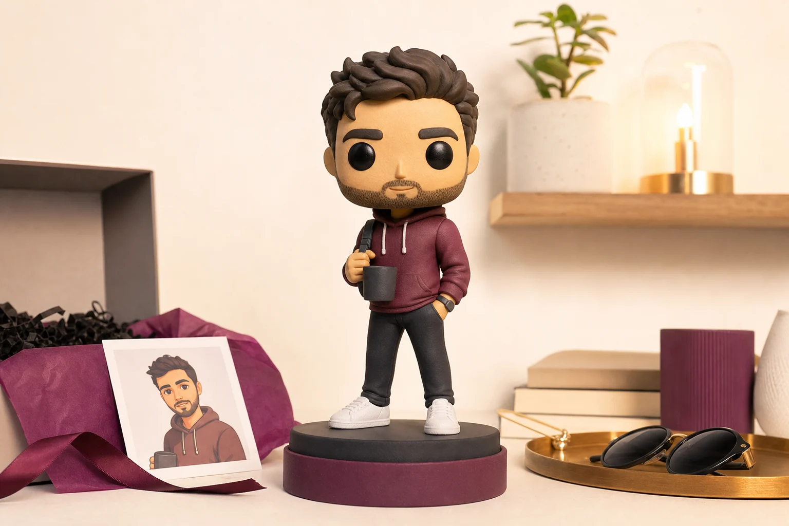 Comparaison côte à côte d'un Funko Pop personnalisé stylisé et d'une figurine 3D réaliste en résine mate