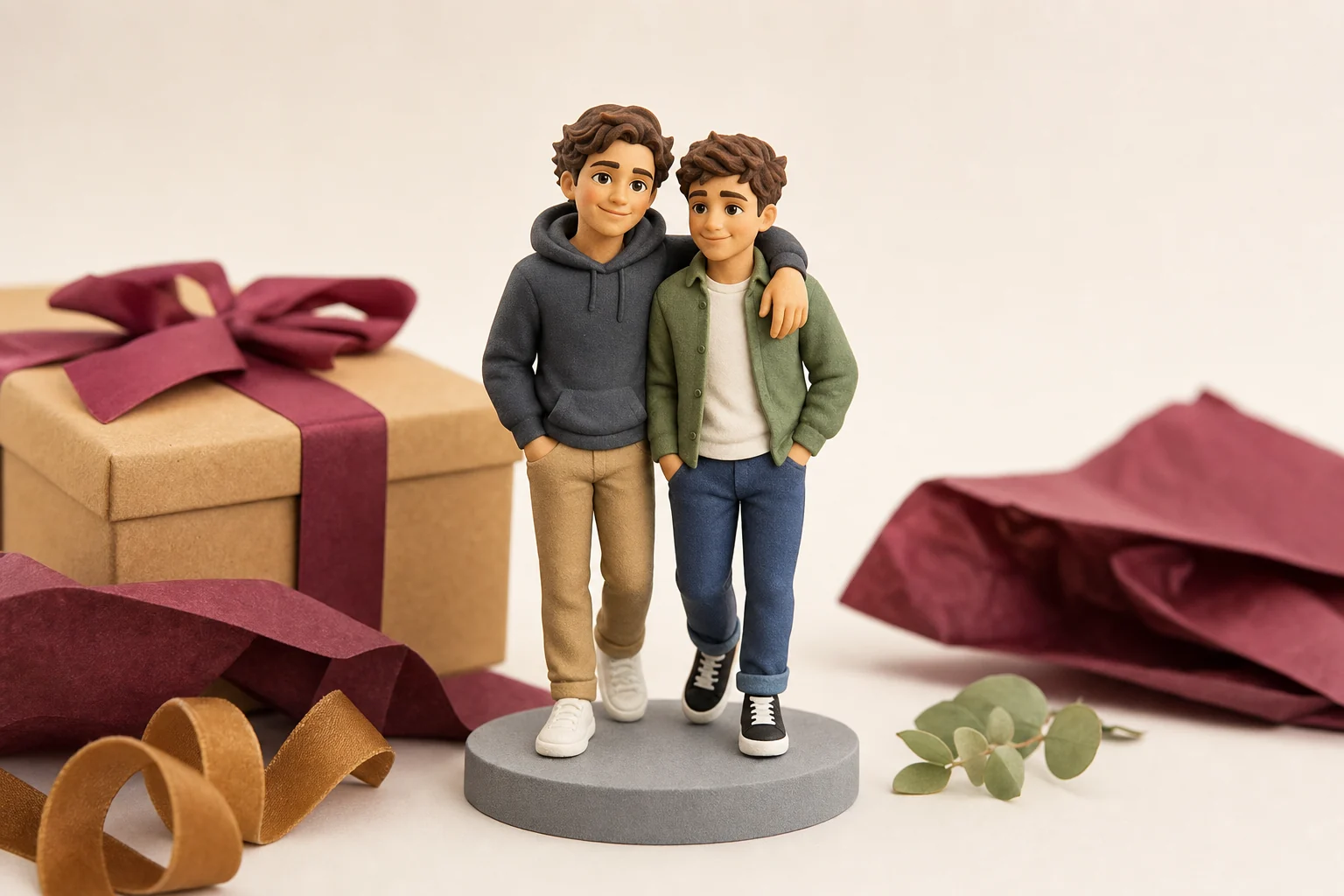 Figurine 3D personnalisée représentant un frère avec ses accessoires favoris, résine HD finition mate