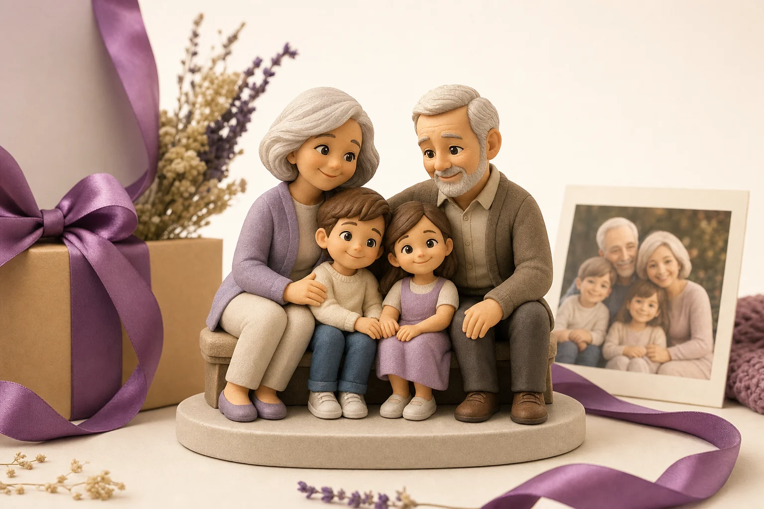 Figurine famille 3D personnalisée représentant plusieurs générations, posée sur un meuble chez des grands-parents