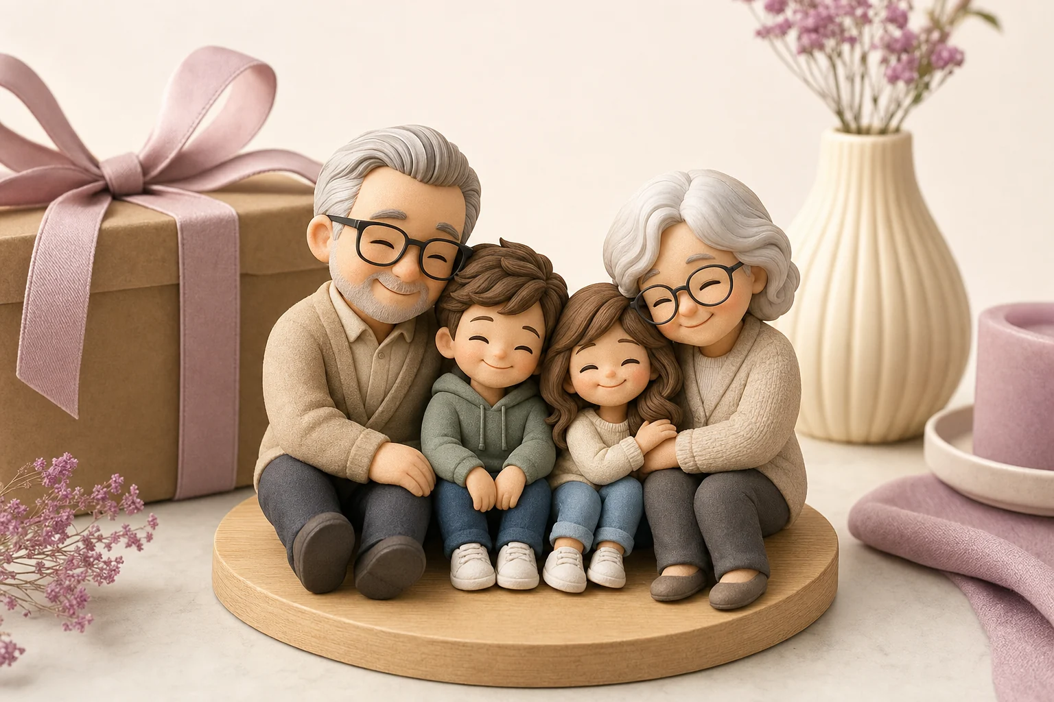 Figurine famille personnalisée 3D représentant grands-parents entourés de leurs petits-enfants, résine mate finition HD