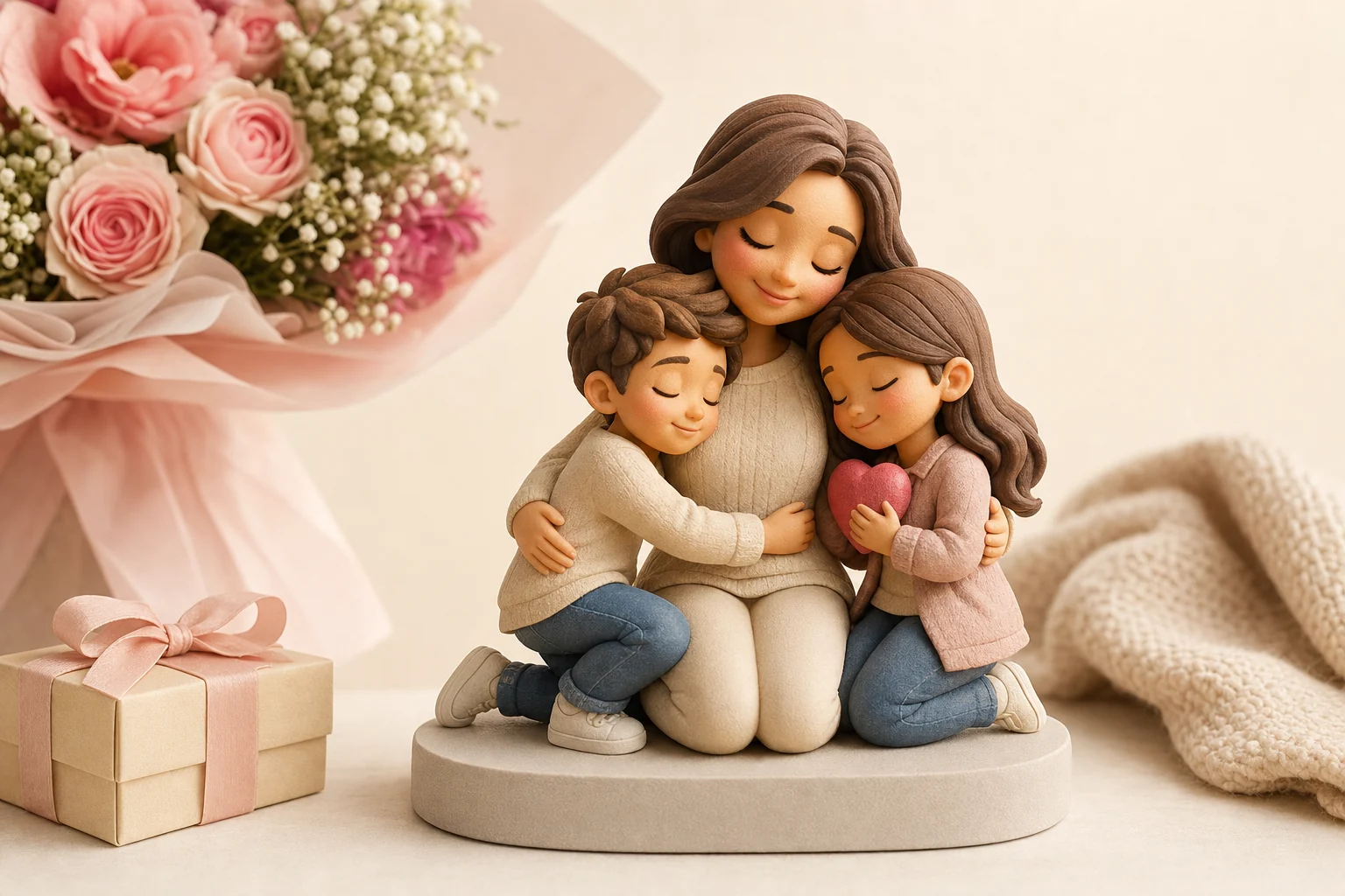 Figurine 3D personnalisée représentant une maman avec ses enfants, imprimée en résine HD mate, posée sur un socle gravé