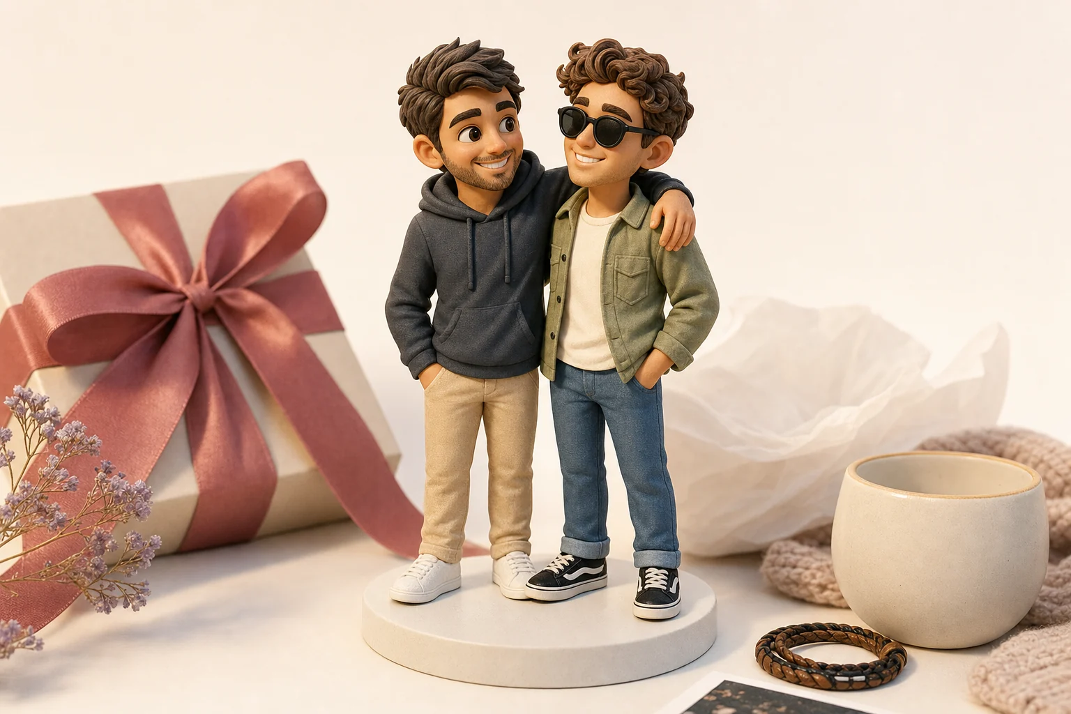 Deux figurines 3D personnalisées représentant deux meilleurs amis côte à côte, en résine HD mate avec grain subtil