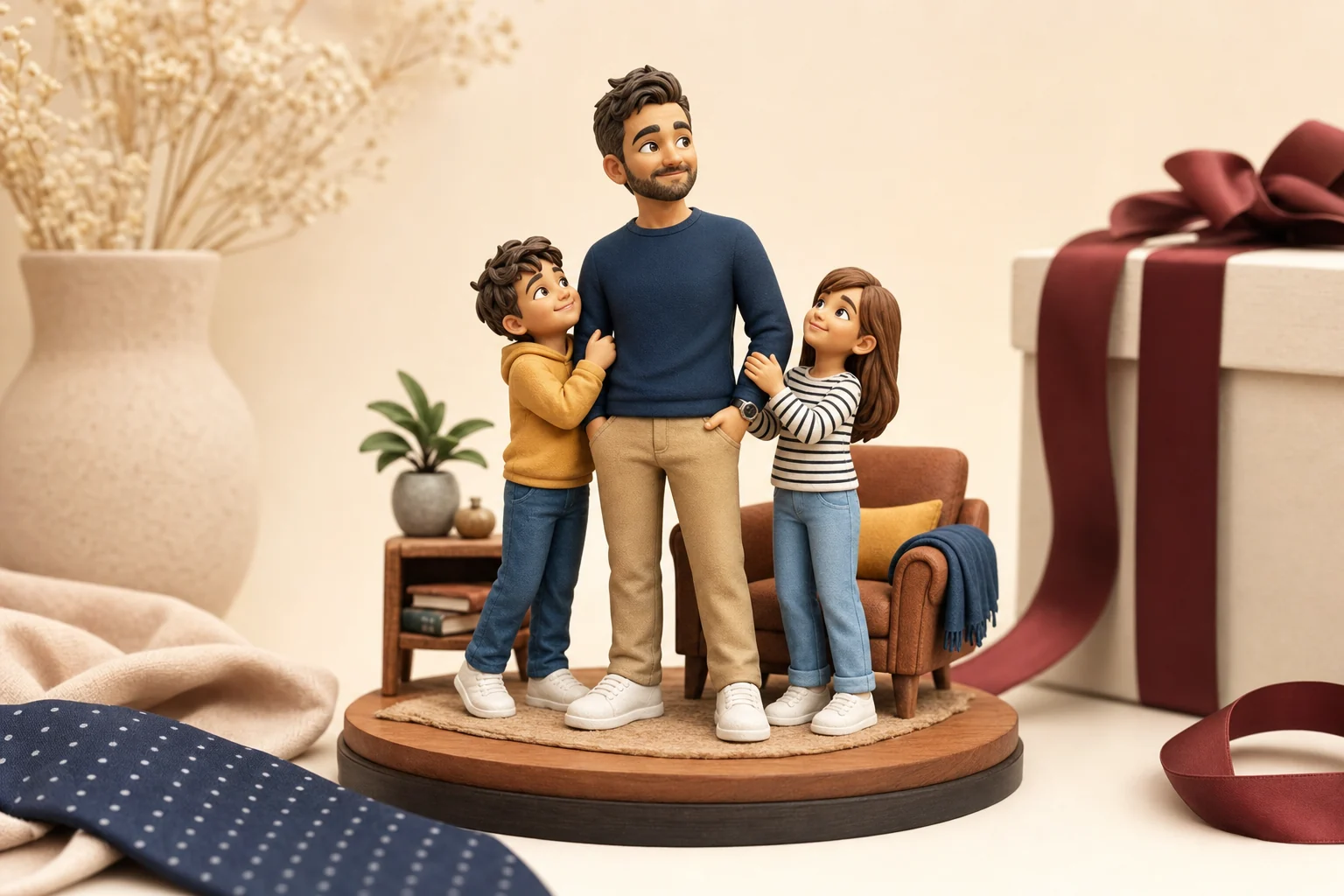 Figurine 3D personnalisée représentant un papa avec ses accessoires favoris, posée sur un bureau