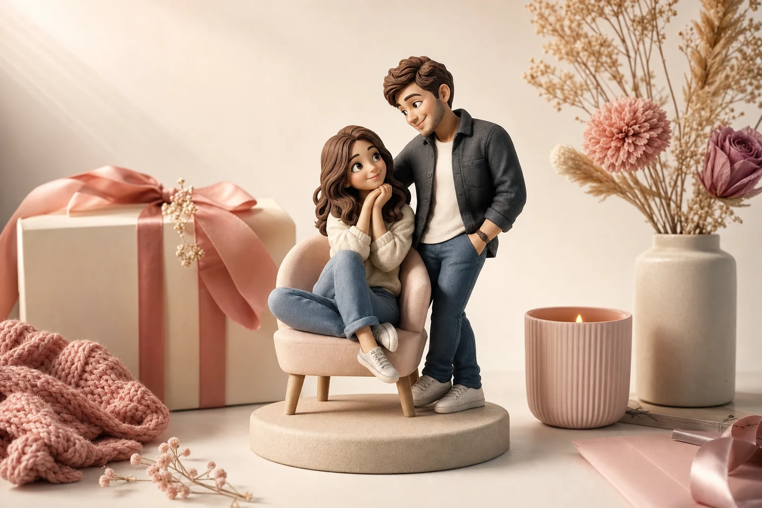 Figurine personnalisée représentant une soeur avec ses accessoires favoris, en résine HD mate avec grain subtil
